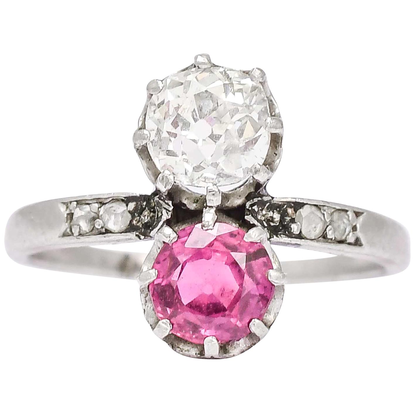 Antique Edwardian Ruby Diamond "Toi Et Moi" Engagement Ring