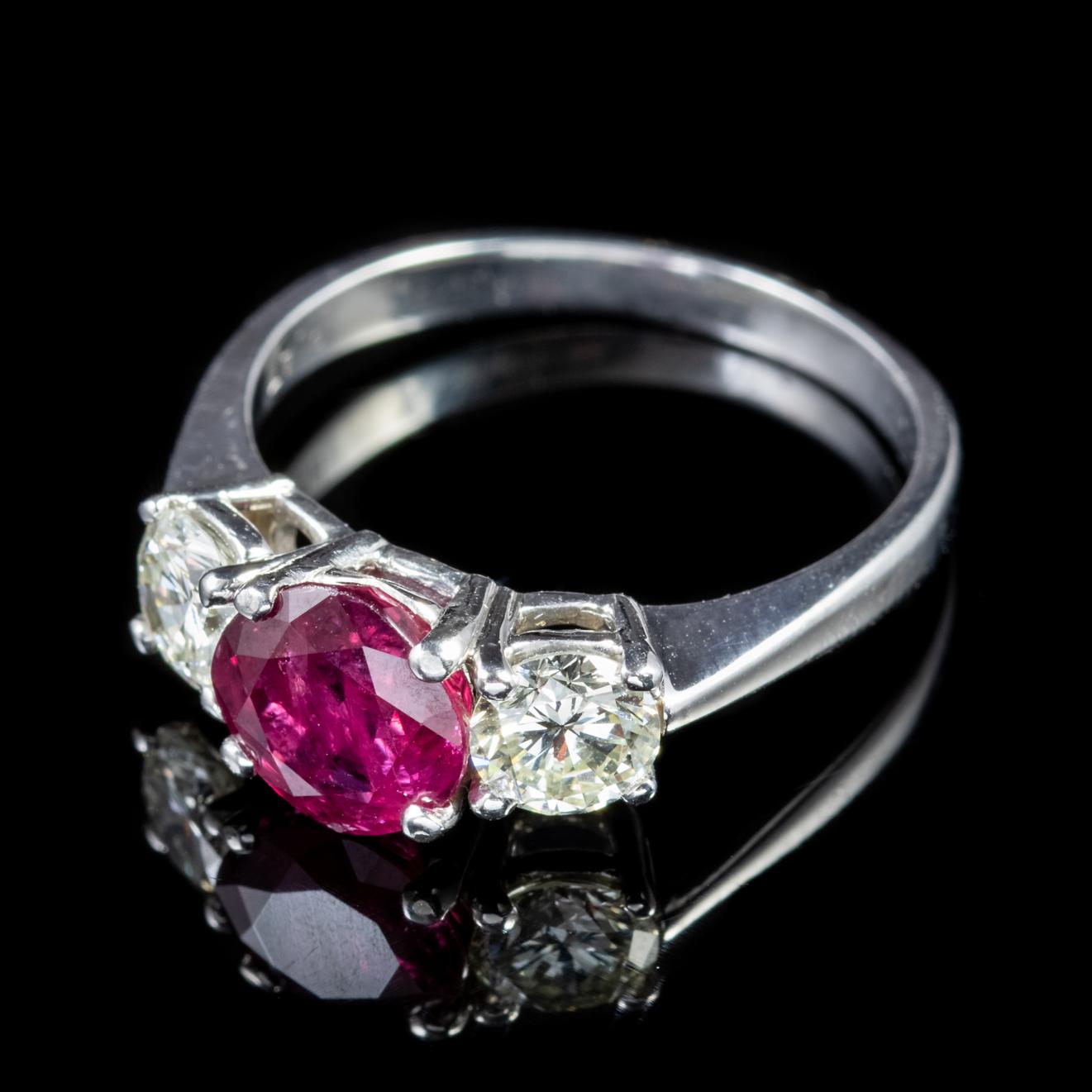 Ruby Diamond Platinum Trilogy Ring In Good Condition For Sale In Lancaster, Lancashire