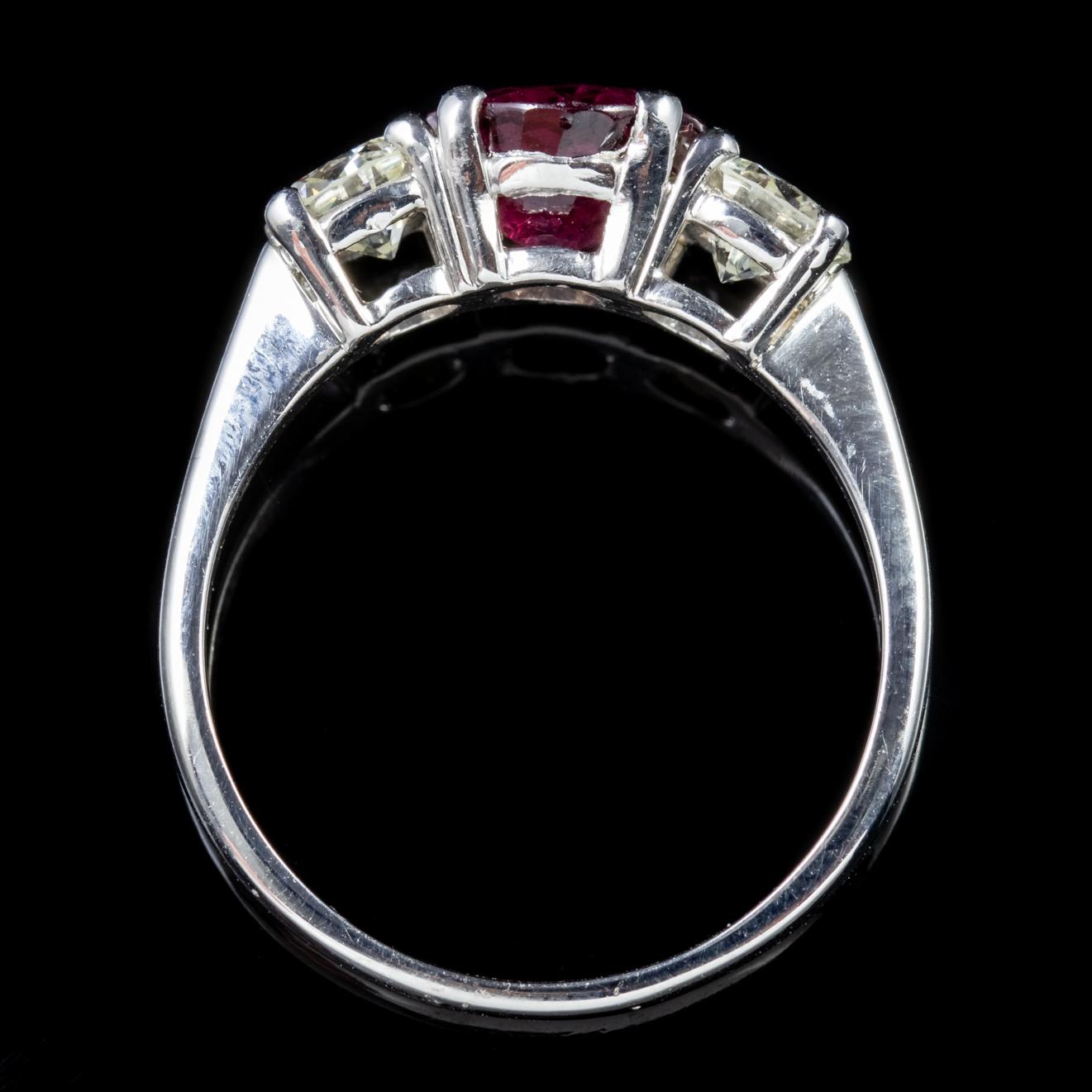 Women's Ruby Diamond Platinum Trilogy Ring For Sale