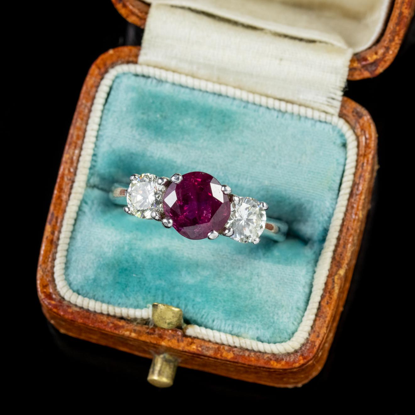 Ruby Diamond Platinum Trilogy Ring For Sale 1