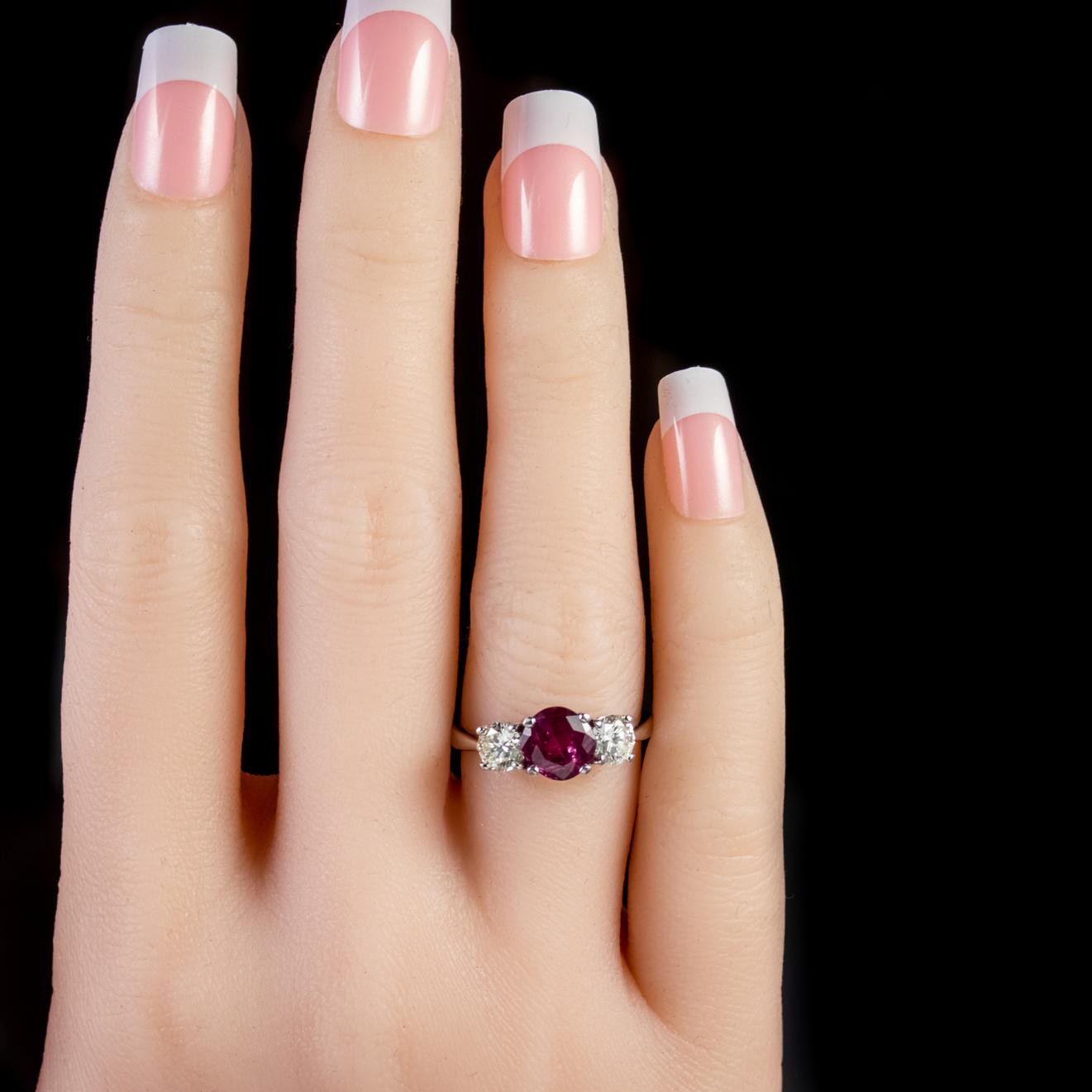 Ruby Diamond Platinum Trilogy Ring For Sale 2