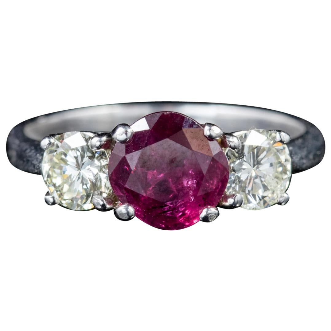 Ruby Diamond Platinum Trilogy Ring For Sale