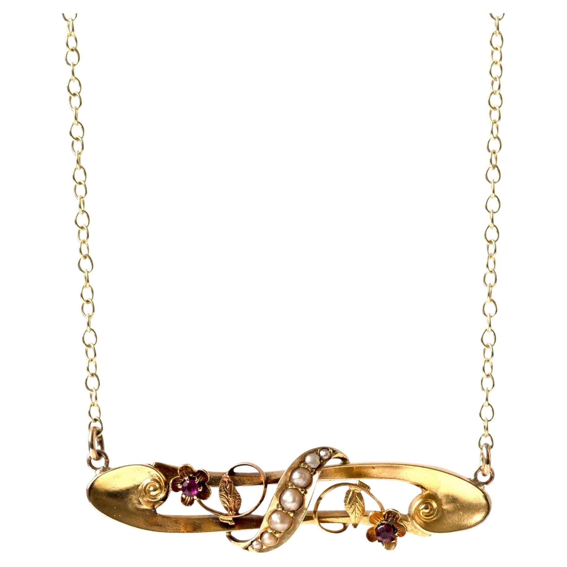 Antike Edwardianische Rubin-Perlen-Halskette aus 15 Karat Gold
