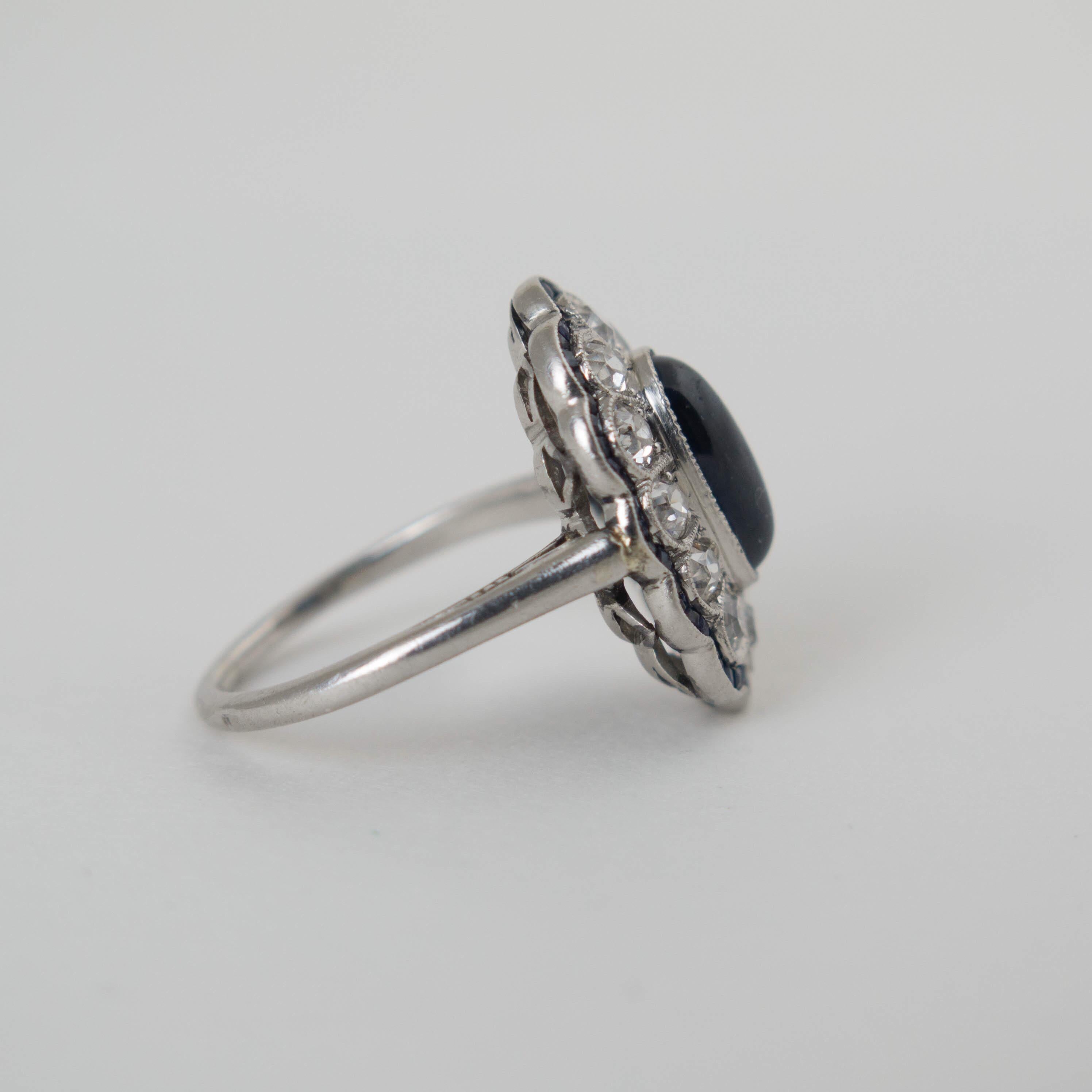 Cabochon Antique Edwardian Sapphire and Diamond Platinum Engagement Ring