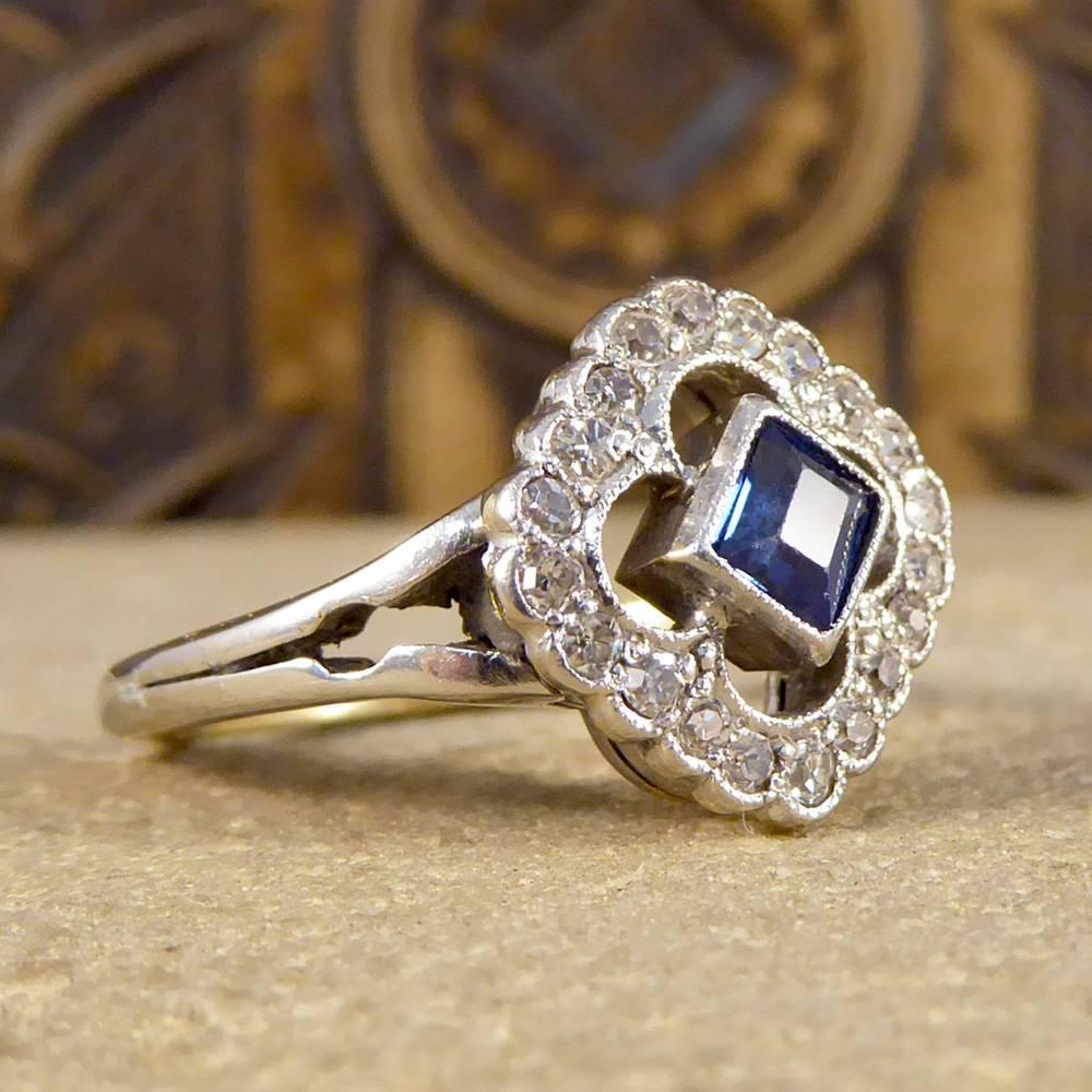 This stunning Edwardian piece was once crafted as a brooch and later converted into this fantastic Sapphire and Diamond ring. With one square Sapphire in the centre and 20 small Diamonds to accompany, it oozes elegance and class. Both 18ct yellow