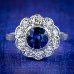 Vintage Edwardian Sapphire Diamond Cluster Ring in 1.25ct Sapphire, circa 1910