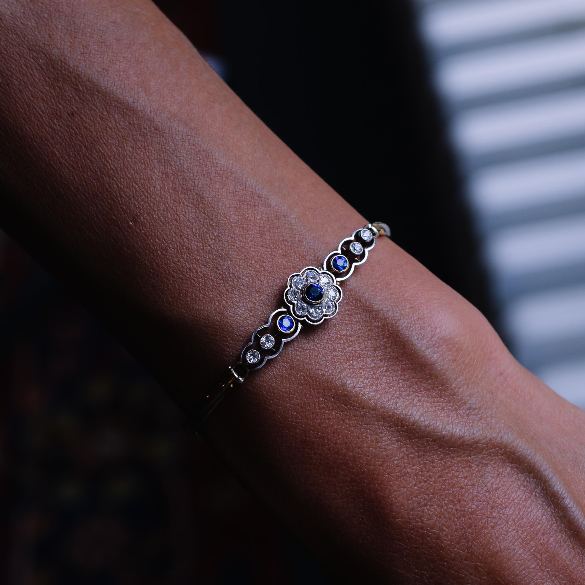 Antique Edwardian Sapphire Diamond Daisy Bracelet 1