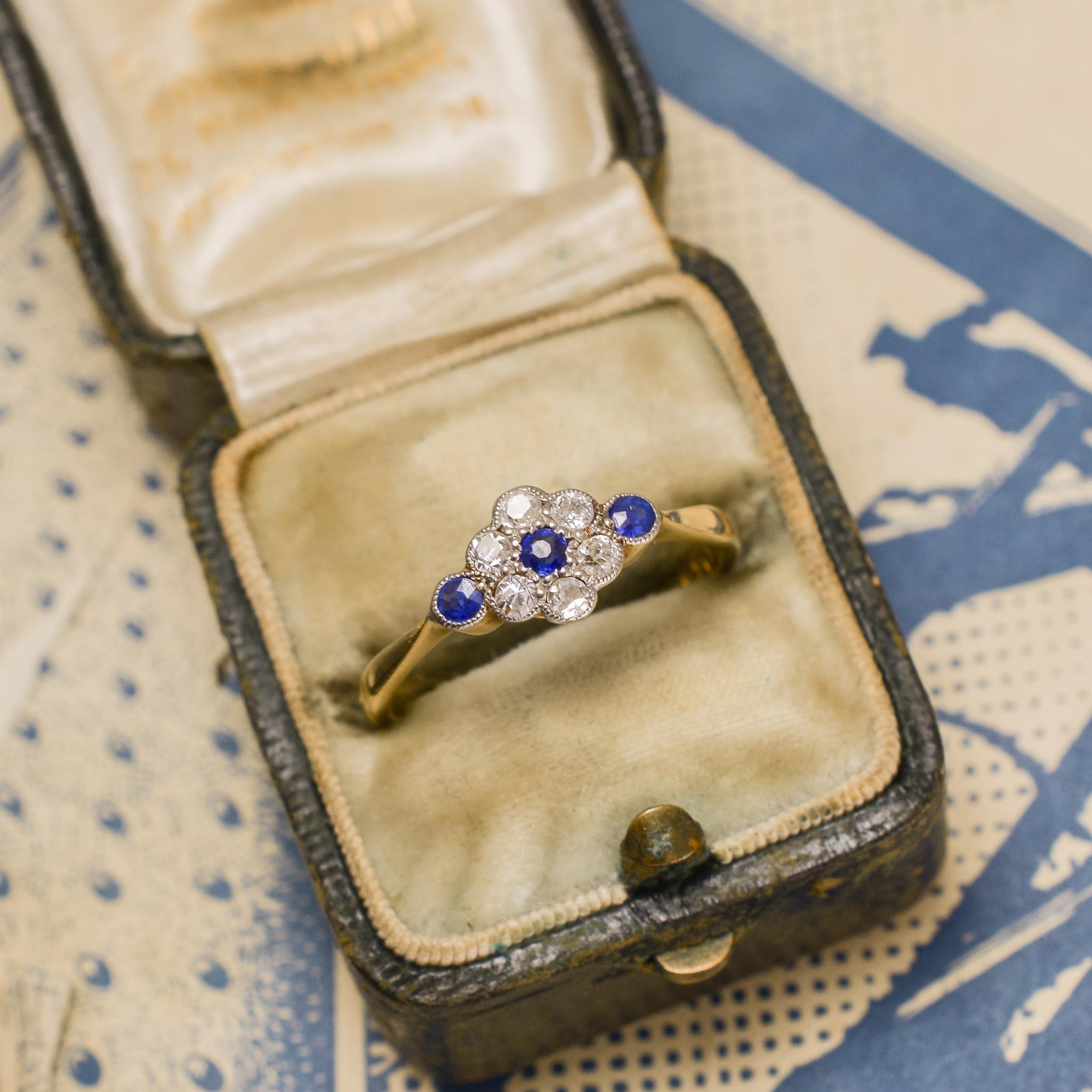 Antique Edwardian Sapphire Diamond Daisy Ring 2