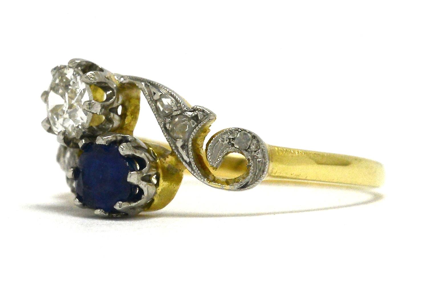 Old Mine Cut Antique Edwardian Sapphire Diamond Engagement Ring Toi Et Moi Twin Ring 2-Stone