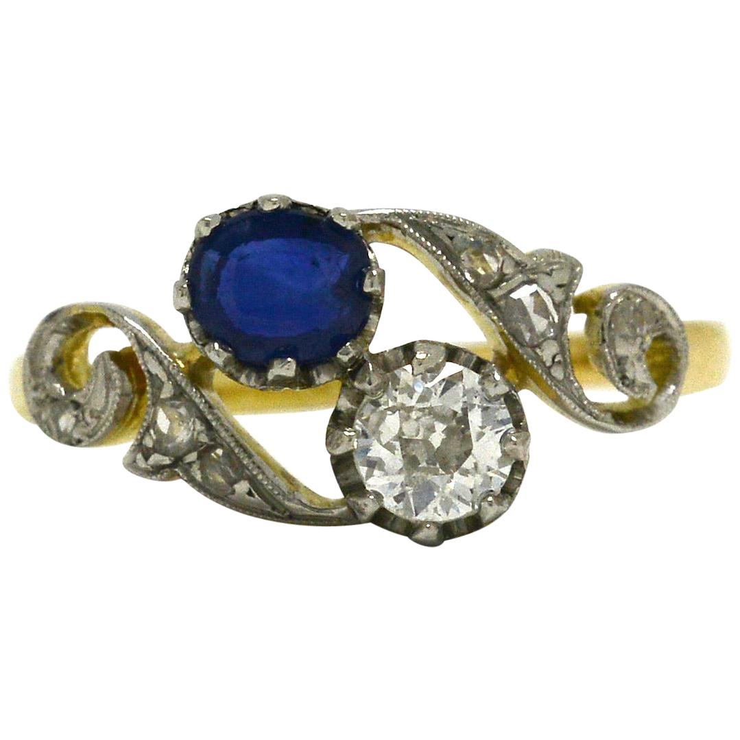 Antique Edwardian Sapphire Diamond Engagement Ring Toi Et Moi Twin Ring 2-Stone