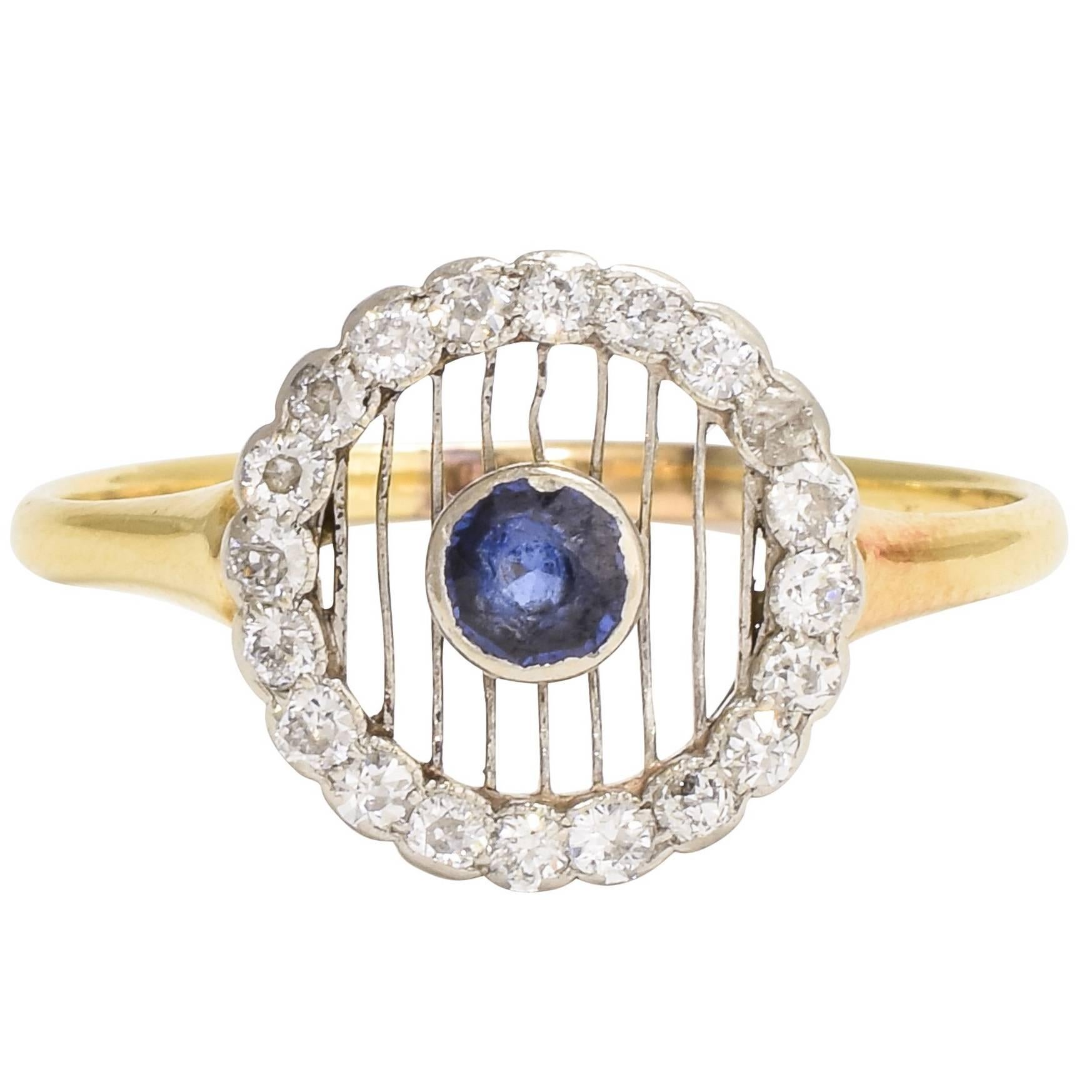 Antique Edwardian Sapphire Diamond Halo Cluster Ring