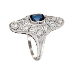 Antique Edwardian Sapphire Diamond Ring Vintage Platinum Long Plaque Jewelry