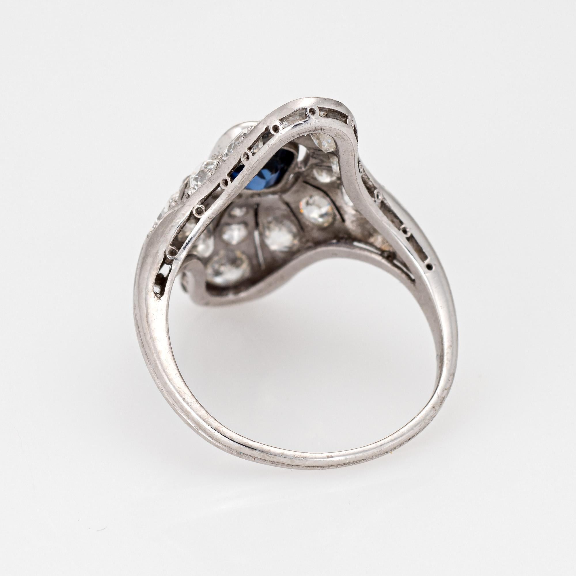 Antiker edwardianischer Saphir-Diamant-Ring aus Platin mit langer Plakette, Vintage im Zustand „Gut“ im Angebot in Torrance, CA