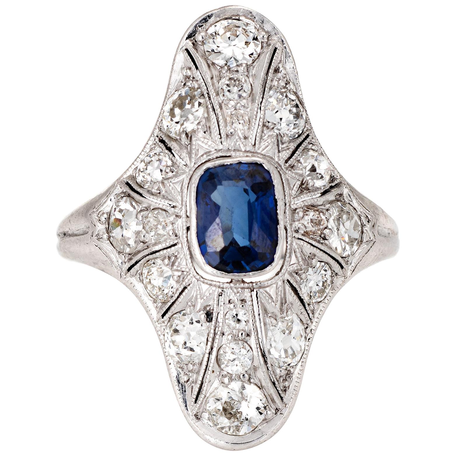 Antique Edwardian Sapphire Diamond Ring Vintage Platinum Long Plaque Jewelry For Sale