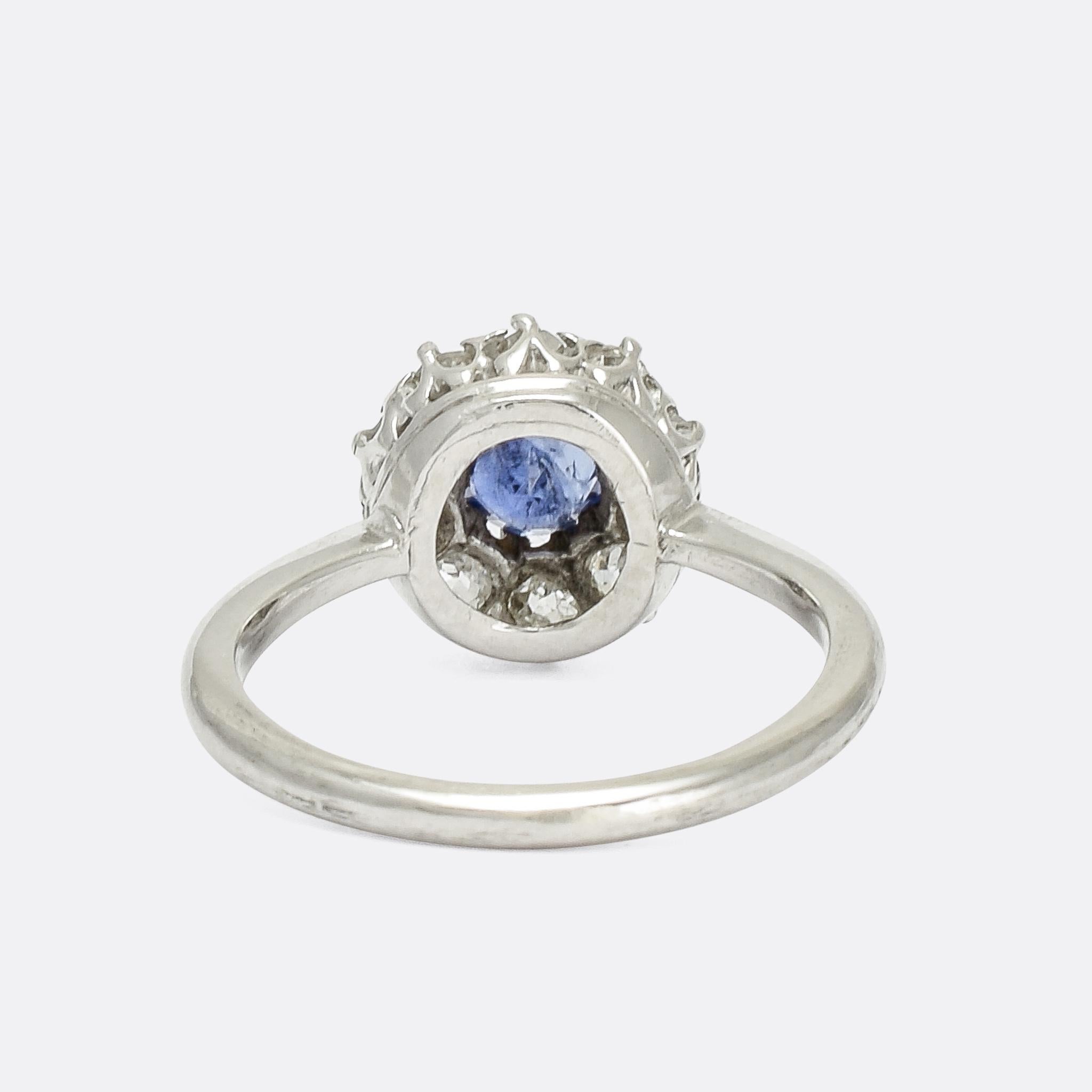 Antique Edwardian Sapphire Diamond Round Cluster Ring In Good Condition In Sale, Cheshire