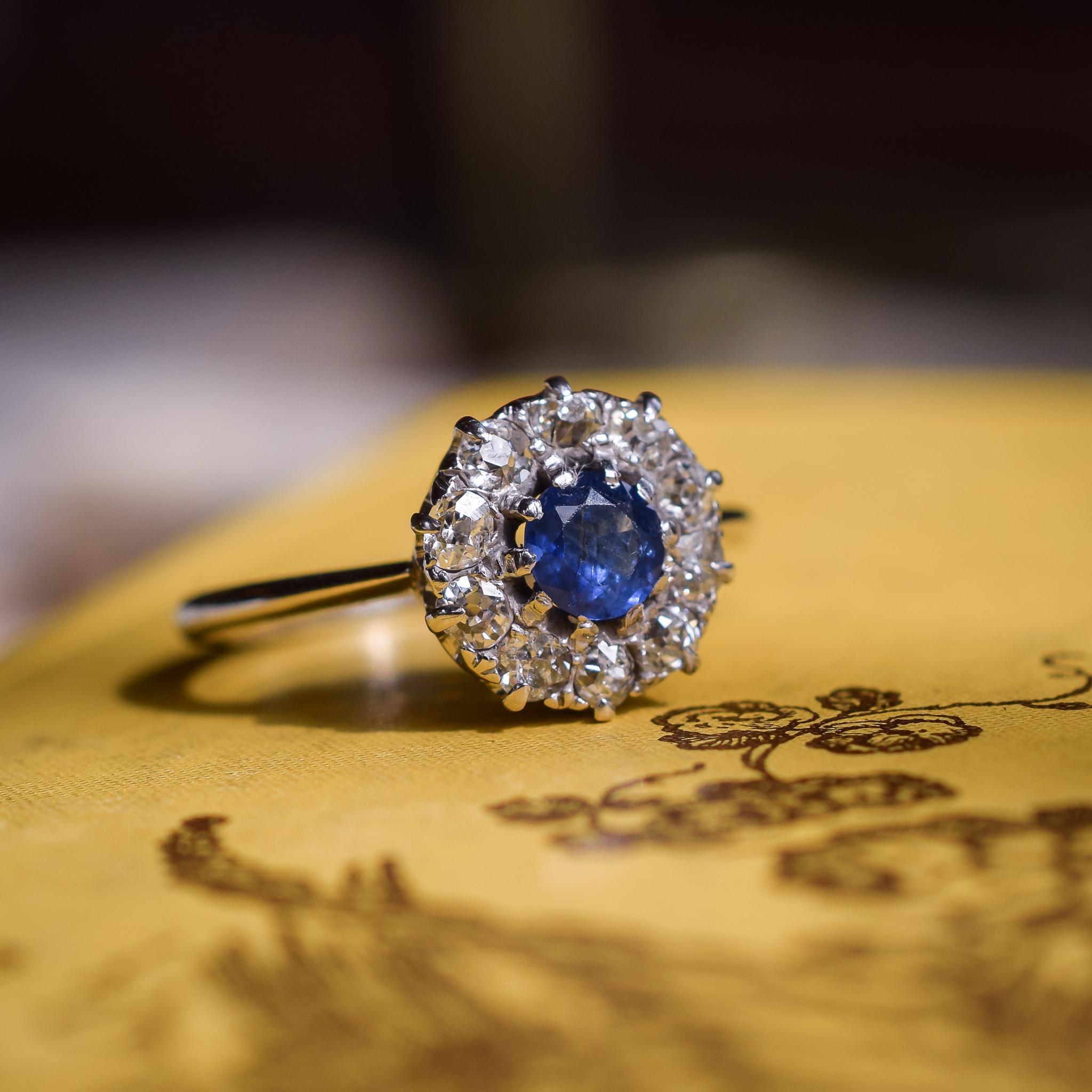 Antique Edwardian Sapphire Diamond Round Cluster Ring 1