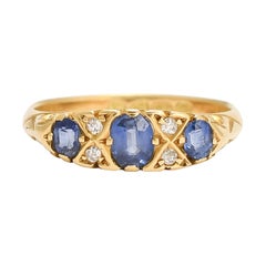 Antique Edwardian Sapphire Diamond Scrolled 3-Stone Ring