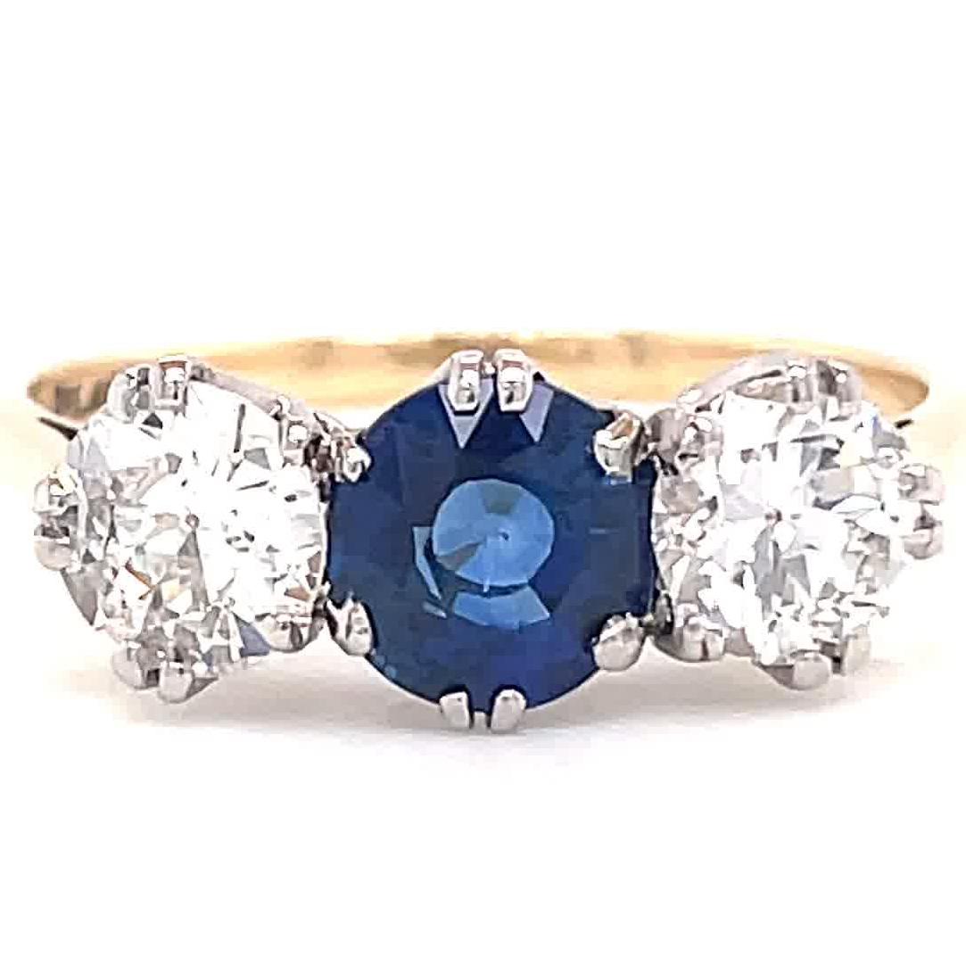 Antique Edwardian Sapphire Diamond Three Stone Gold Ring In Excellent Condition In Beverly Hills, CA