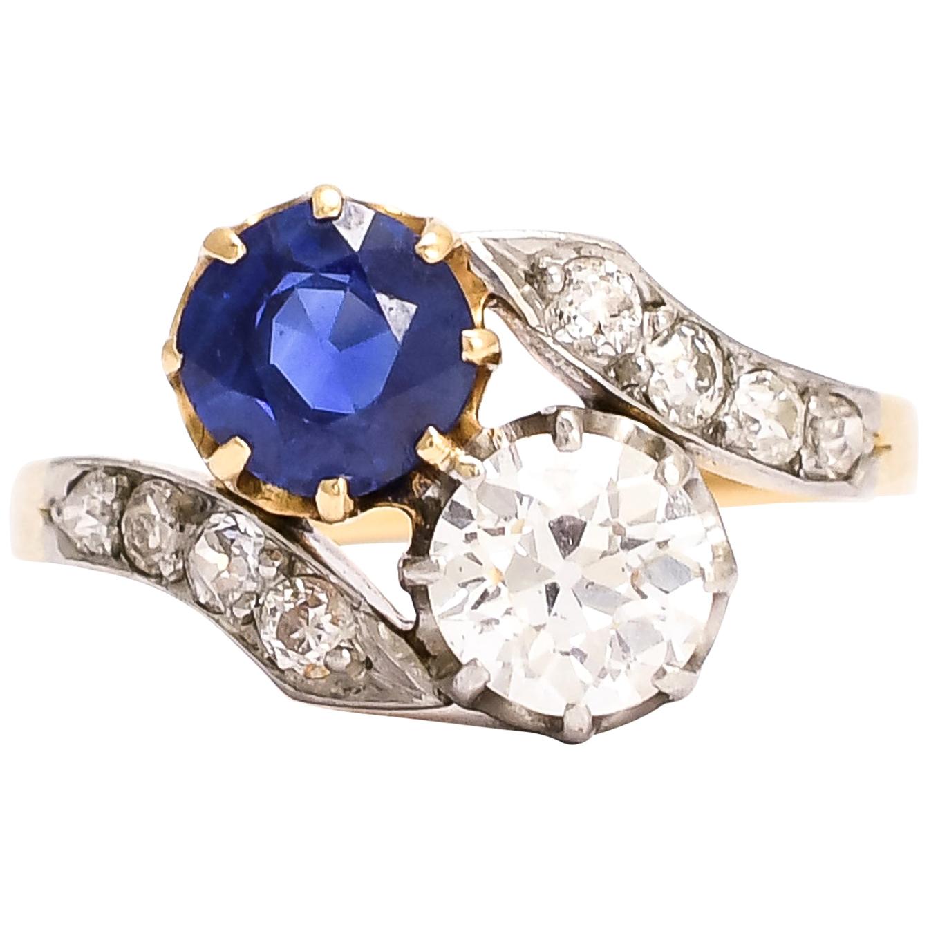 Antique Edwardian Sapphire Diamond "Toi Et Moi" Engagement Ring
