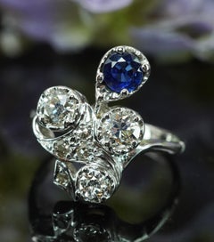Antiker Edwardianischer Saphir Alter europäischer Schliff Diamantring Platin 14K Gold Estat