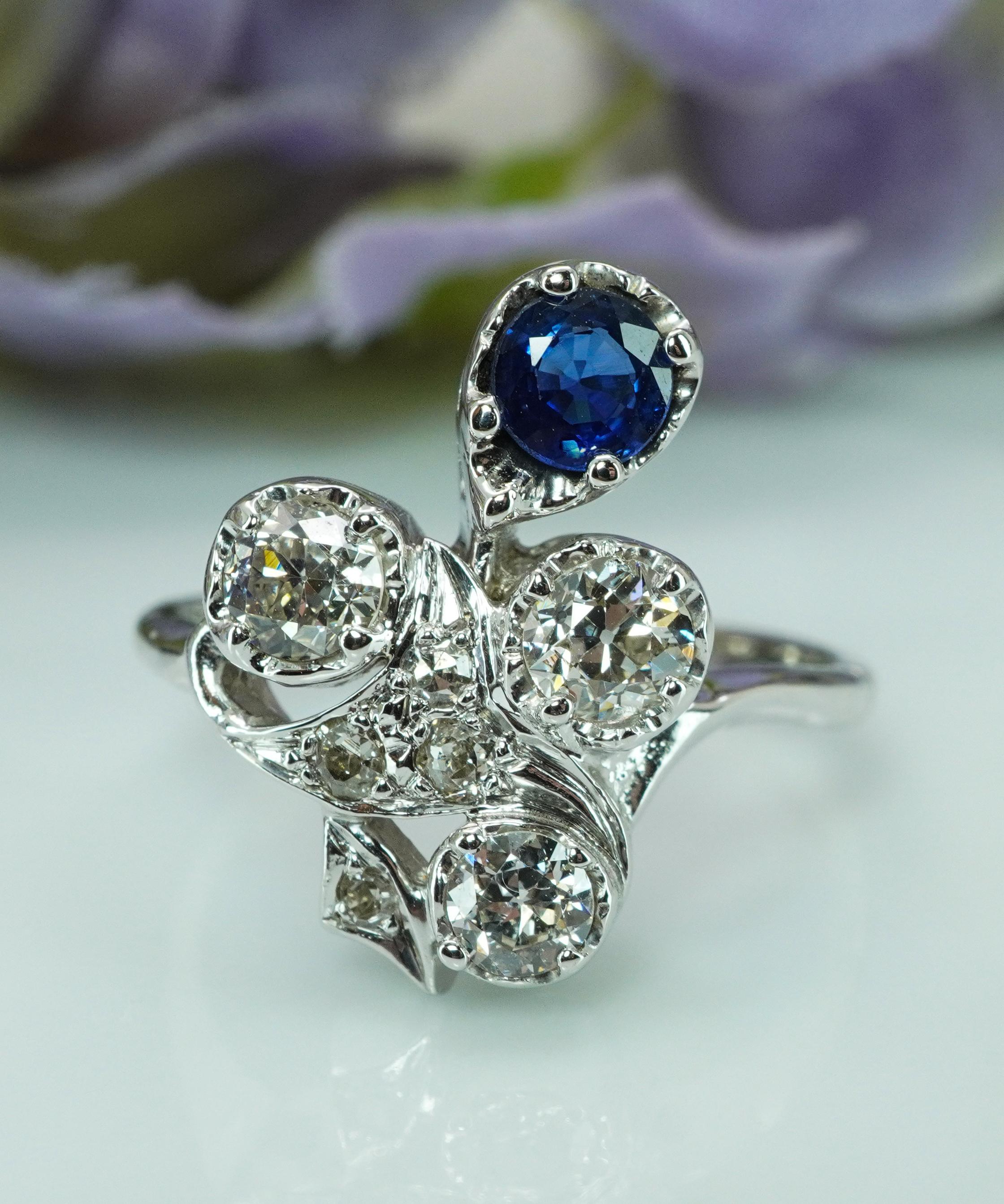 Édouardien Bague ancienne Edwardienne Saphir Taille Européenne Diamant Platine 14K Or Estat en vente