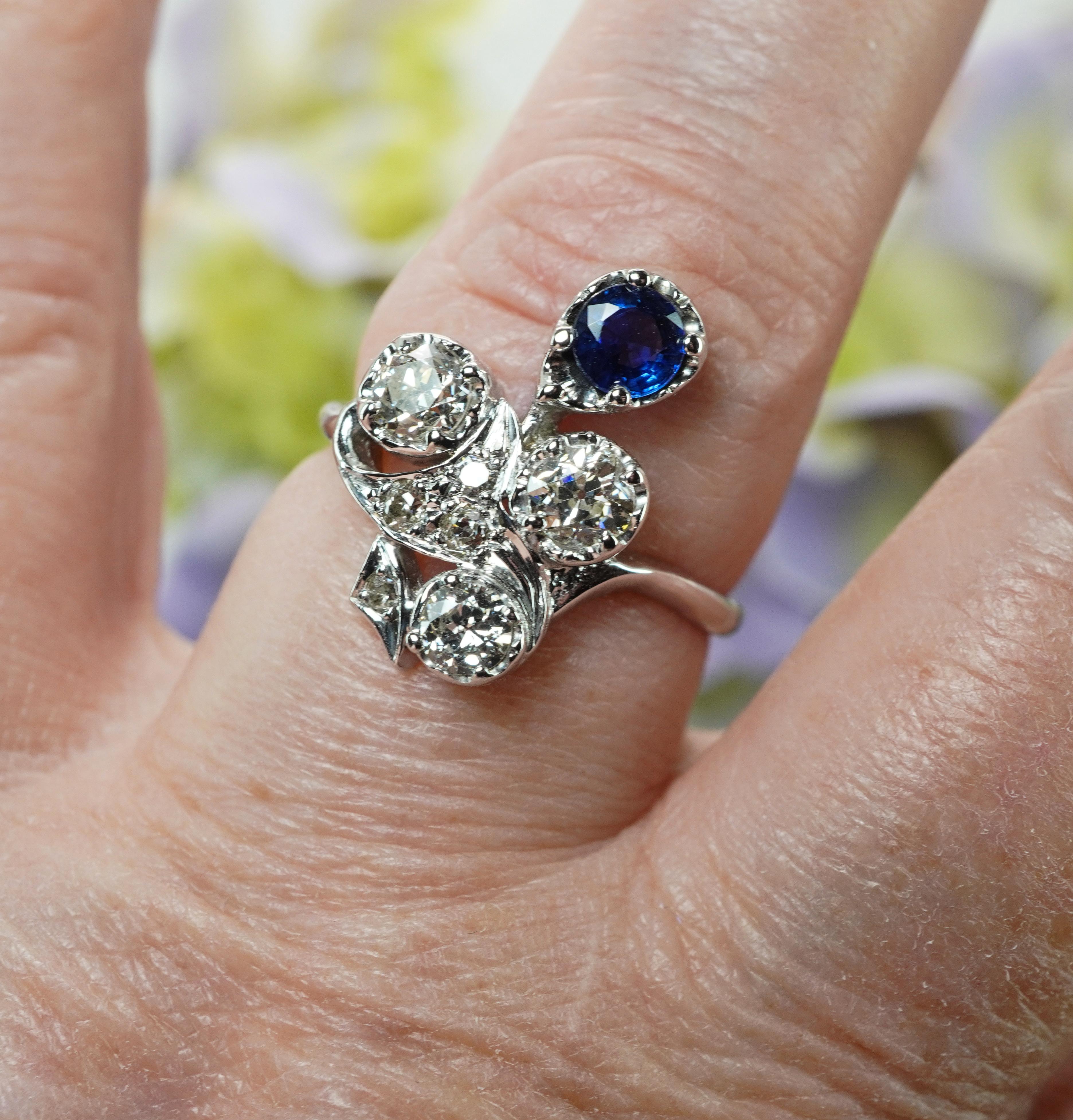 Taille vieille Europe Bague ancienne Edwardienne Saphir Taille Européenne Diamant Platine 14K Or Estat en vente