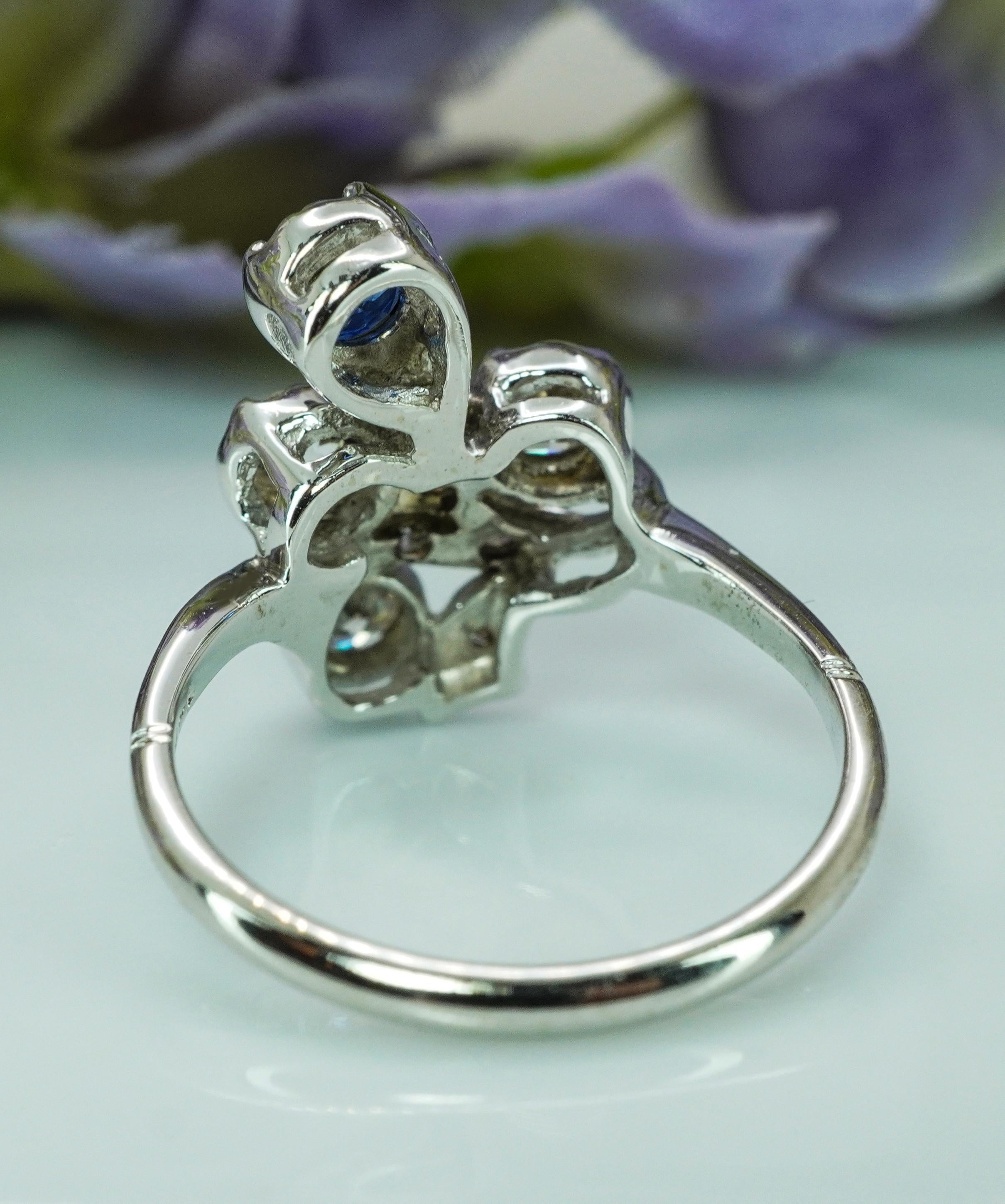 Bague ancienne Edwardienne Saphir Taille Européenne Diamant Platine 14K Or Estat Bon état - En vente à Brambleton, US