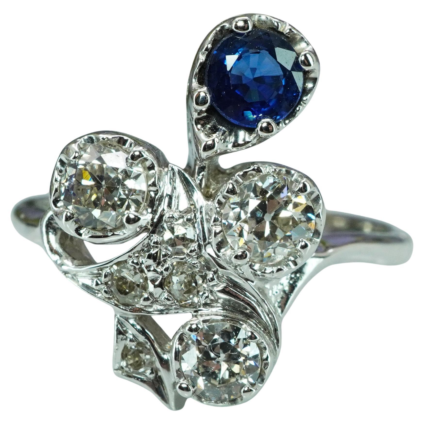 Bague ancienne Edwardienne Saphir Taille Européenne Diamant Platine 14K Or Estat en vente