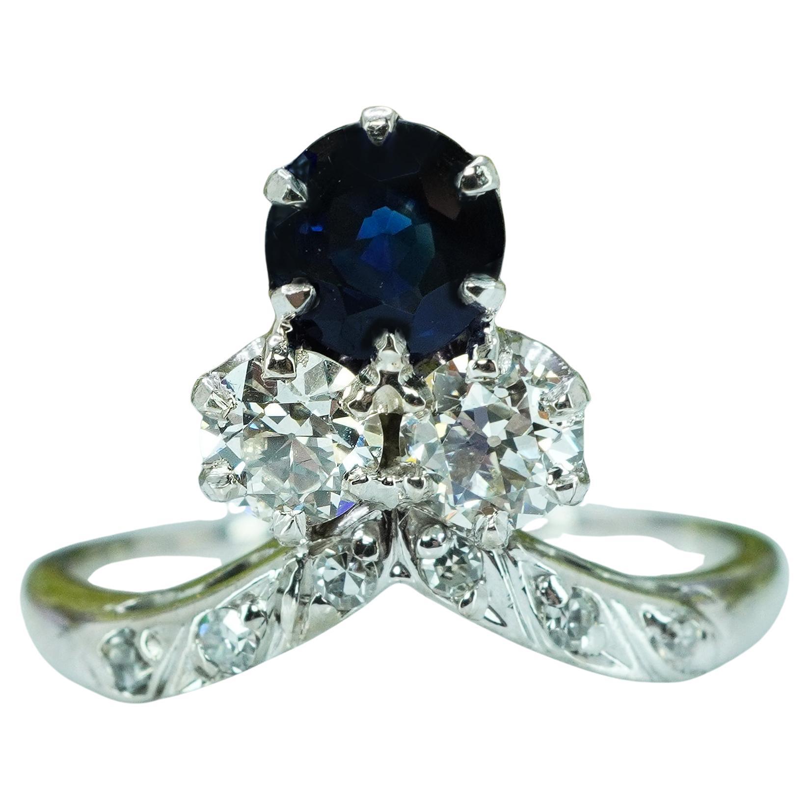 Bague trilogie en or 14 carats, saphir ancien, taille européenne, ancienne, Edwardienne, Estate