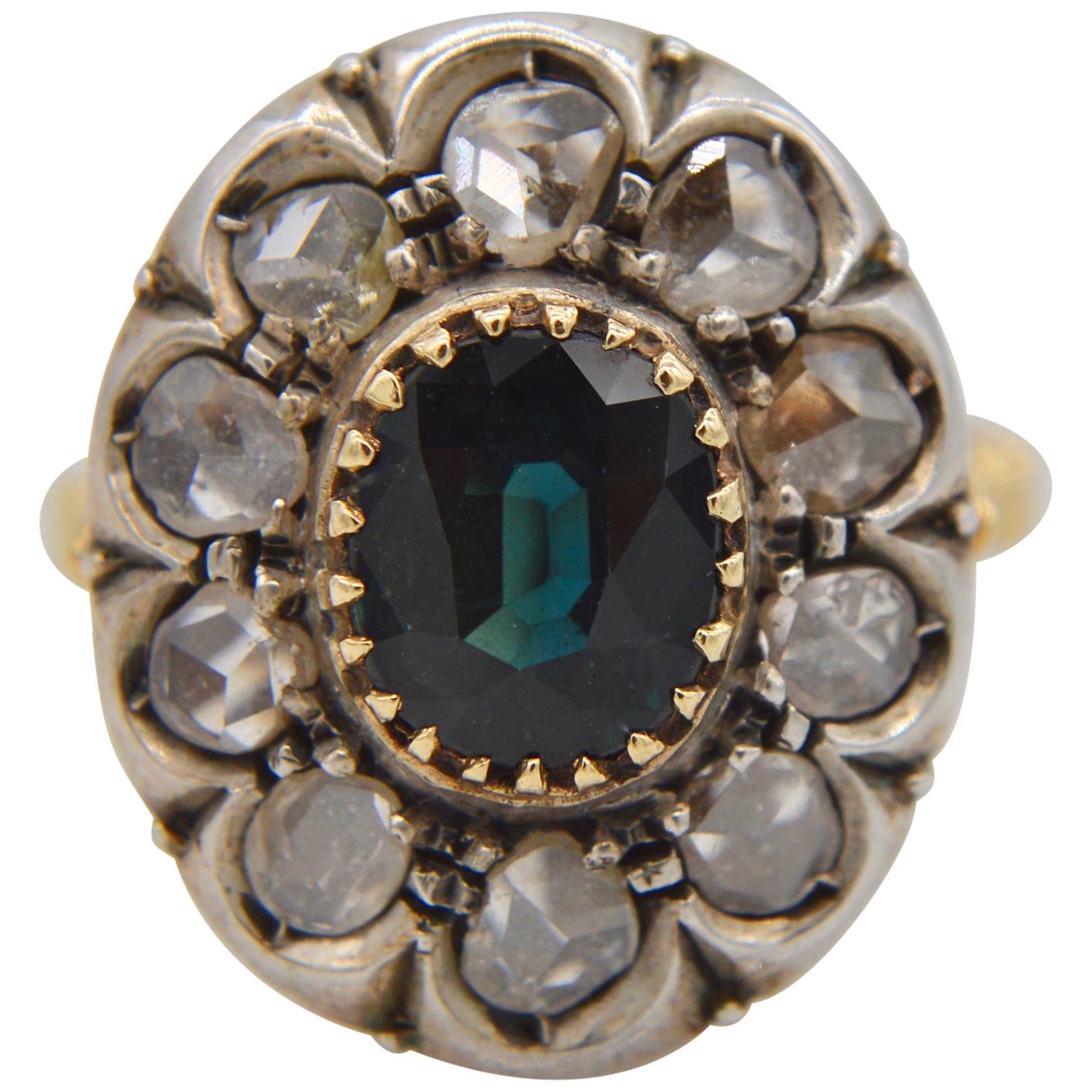 Antique Edwardian Sapphire Rosecut Diamond 2.3 Carat 18 Karat Halo Cocktail Ring For Sale
