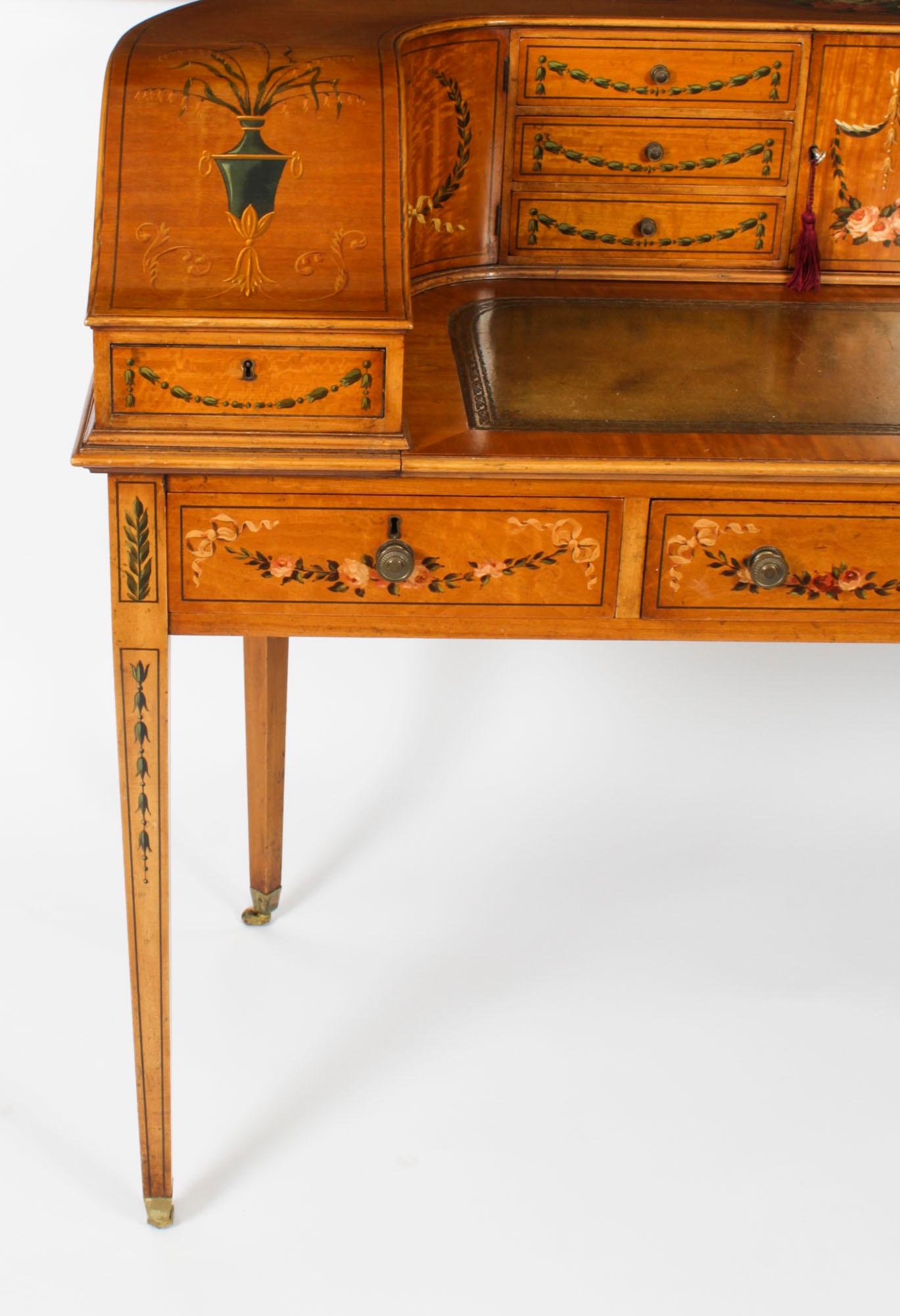 Antiguo escritorio eduardiano de madera satinada y pintura floral Carlton House en venta 4