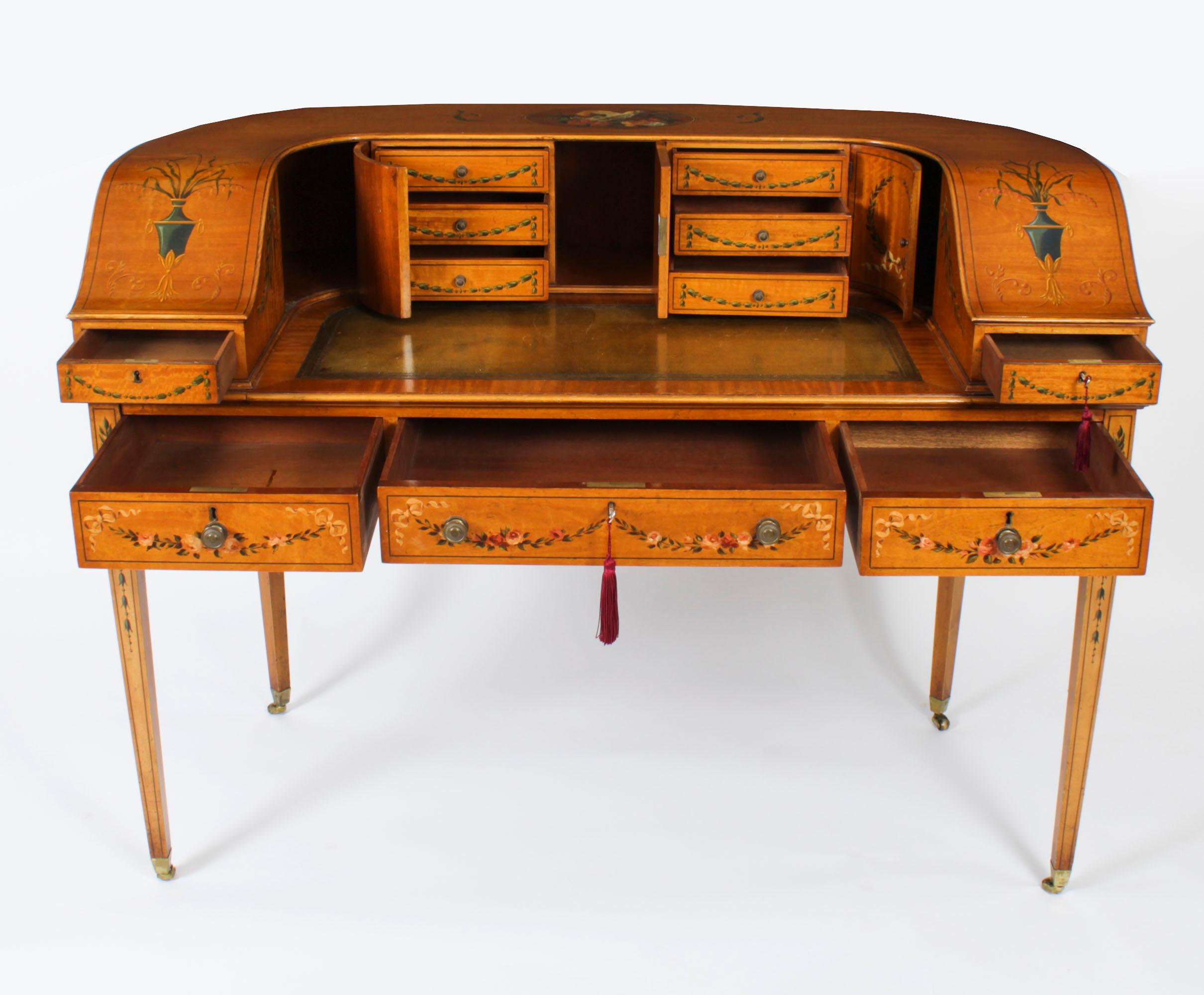 Antiguo escritorio eduardiano de madera satinada y pintura floral Carlton House en venta 5