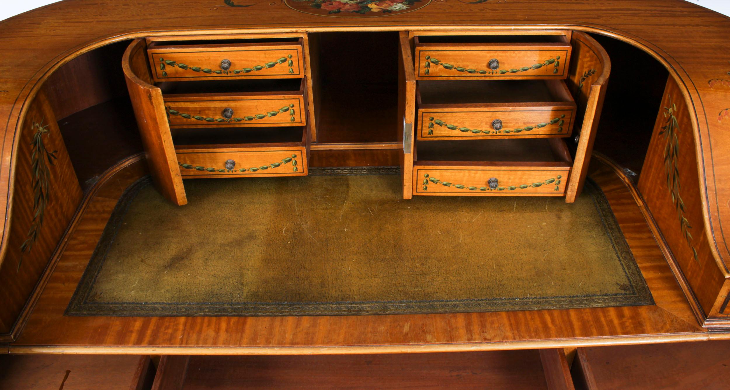 Antiguo escritorio eduardiano de madera satinada y pintura floral Carlton House en venta 8
