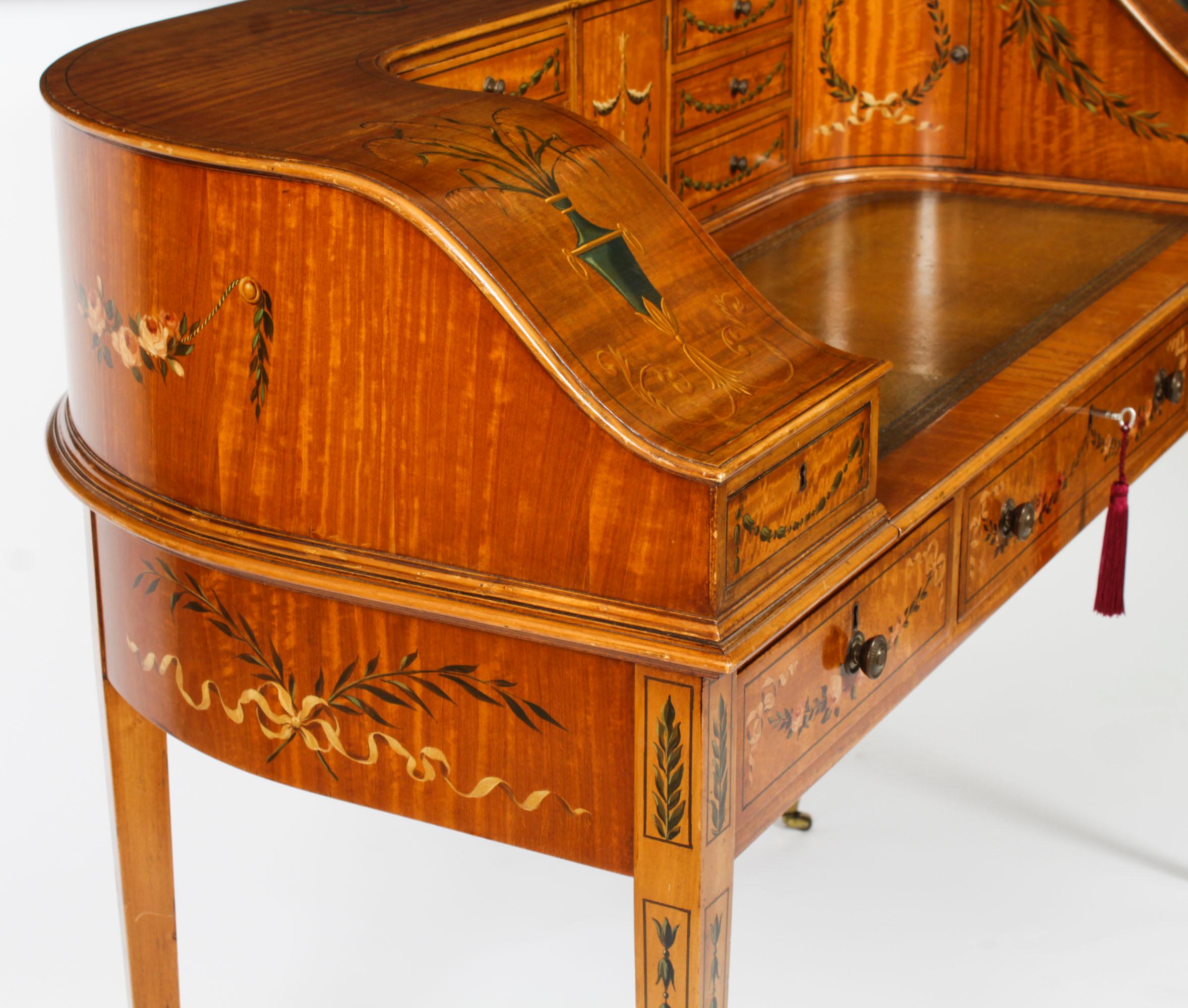 Antiguo escritorio eduardiano de madera satinada y pintura floral Carlton House en venta 9