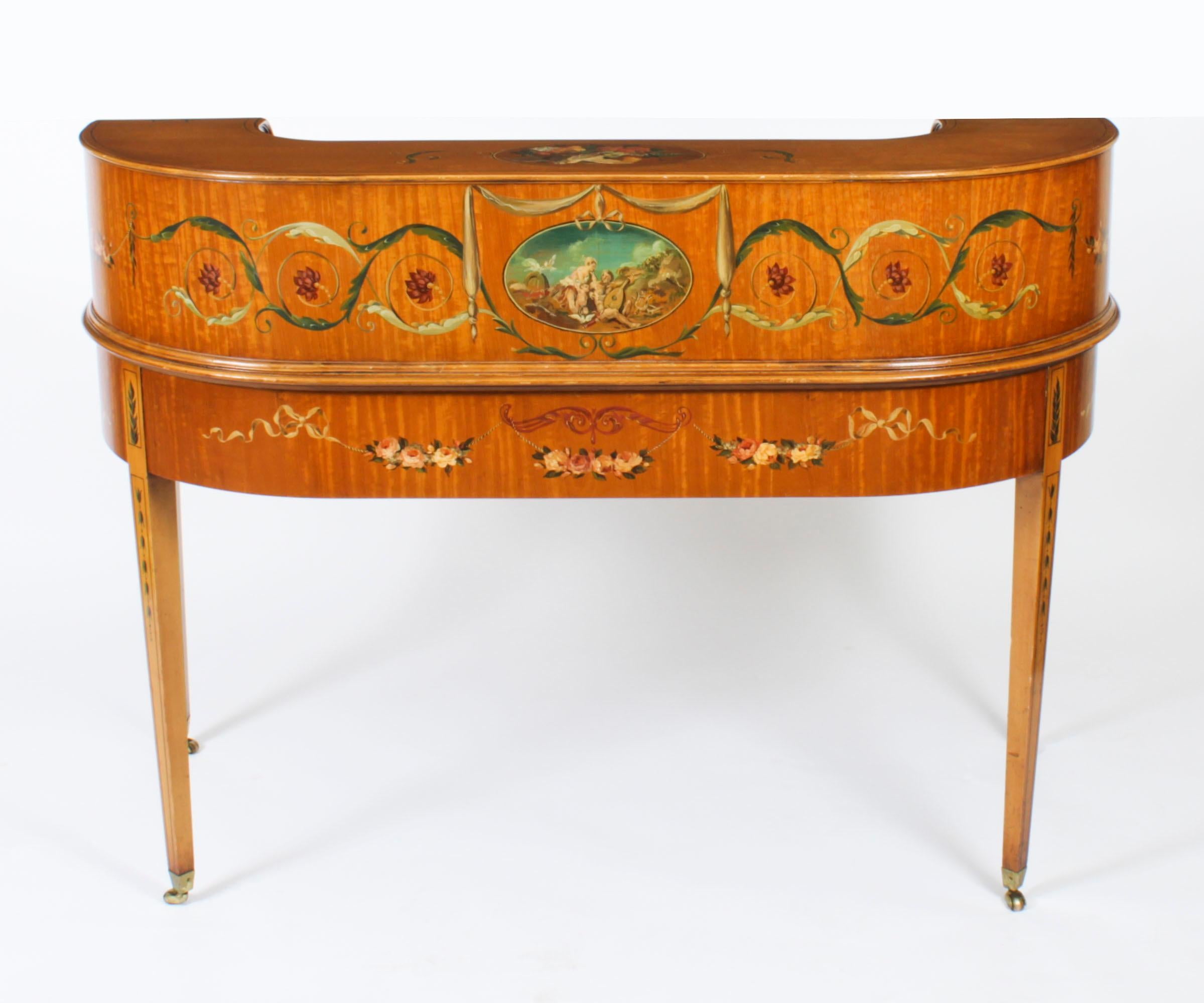 Antiguo escritorio eduardiano de madera satinada y pintura floral Carlton House en venta 10
