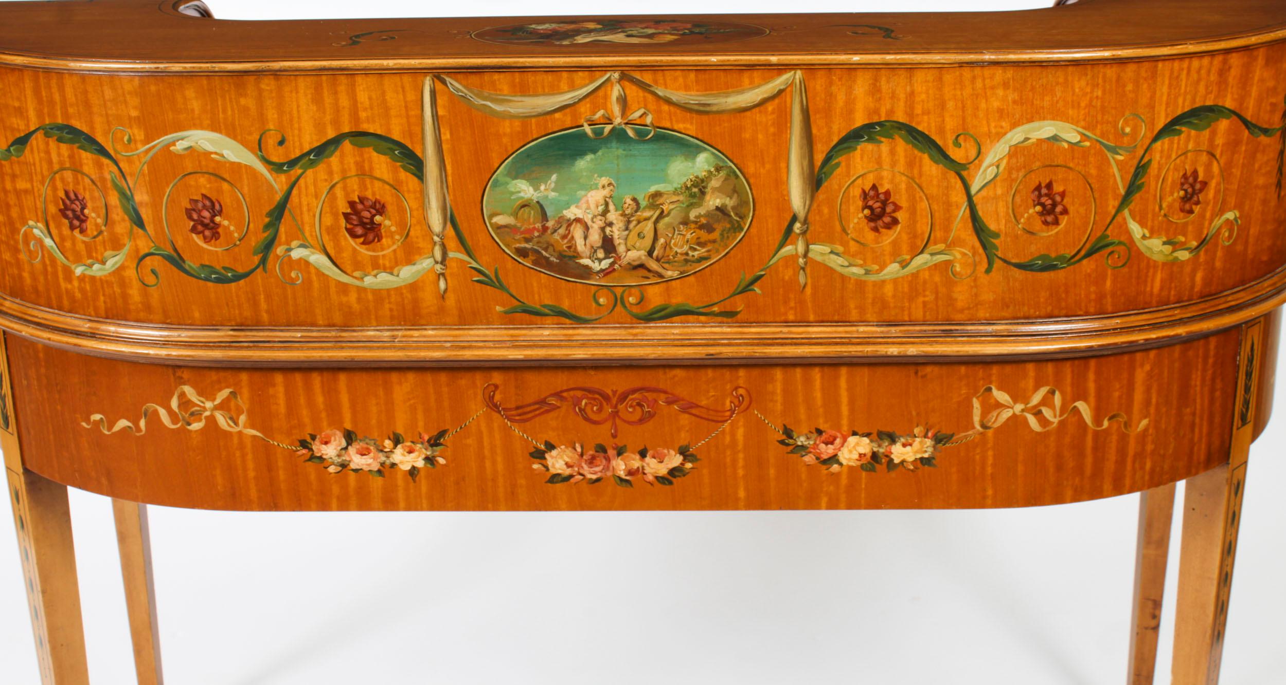 Antiguo escritorio eduardiano de madera satinada y pintura floral Carlton House en venta 11