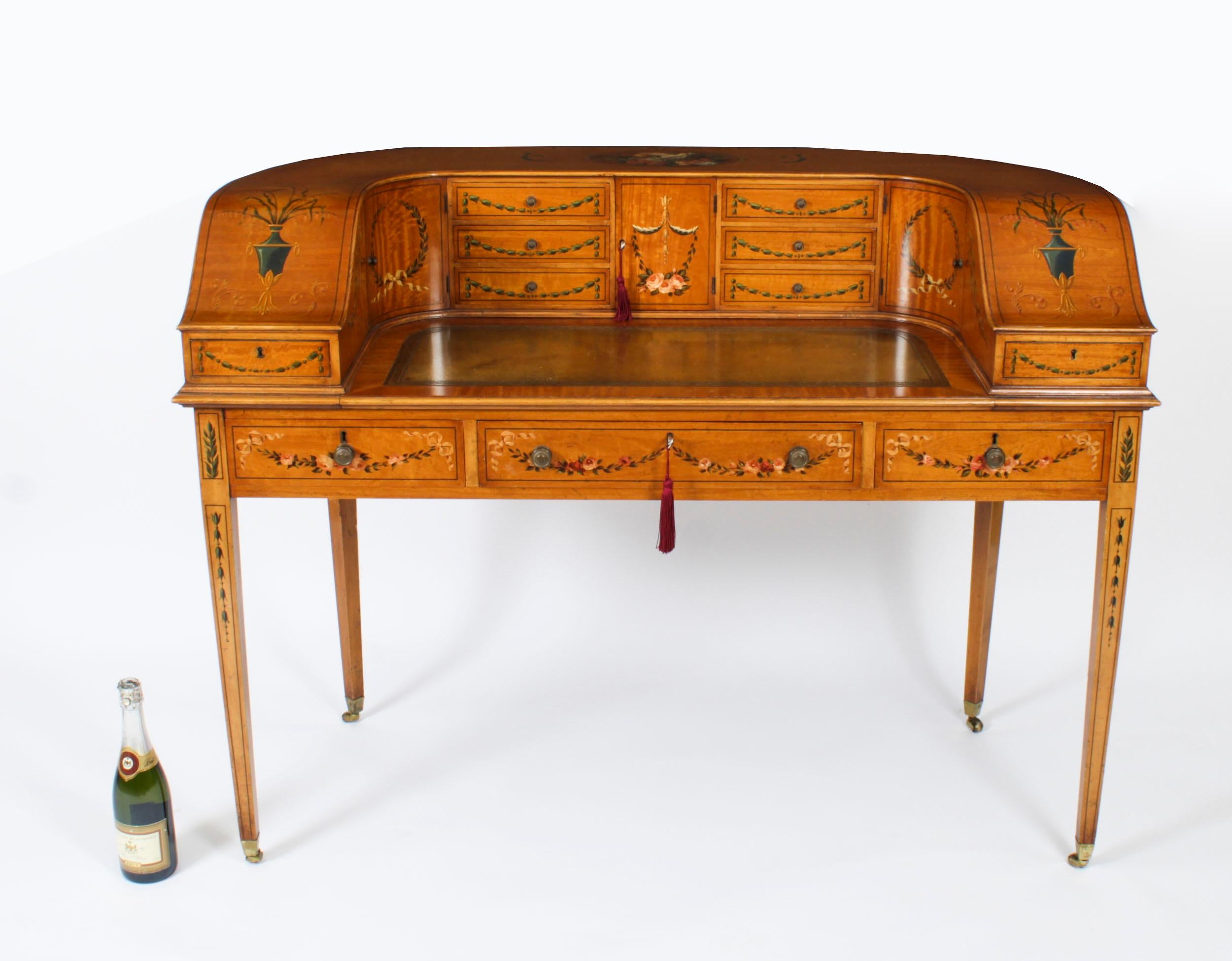 Antiguo escritorio eduardiano de madera satinada y pintura floral Carlton House en venta 13