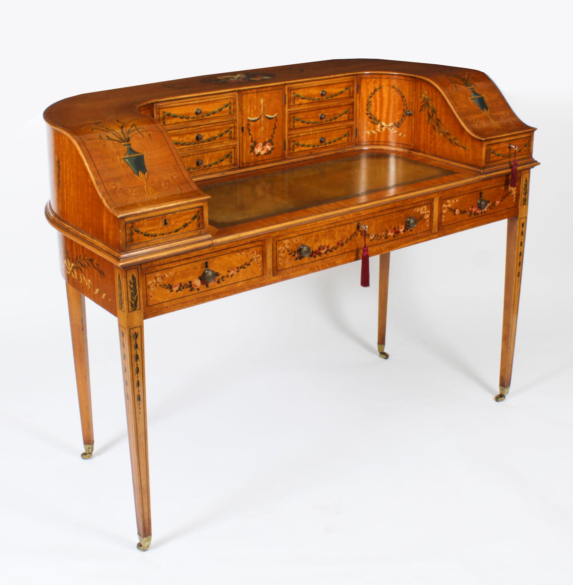 Antiguo escritorio eduardiano de madera satinada y pintura floral Carlton House en venta 14
