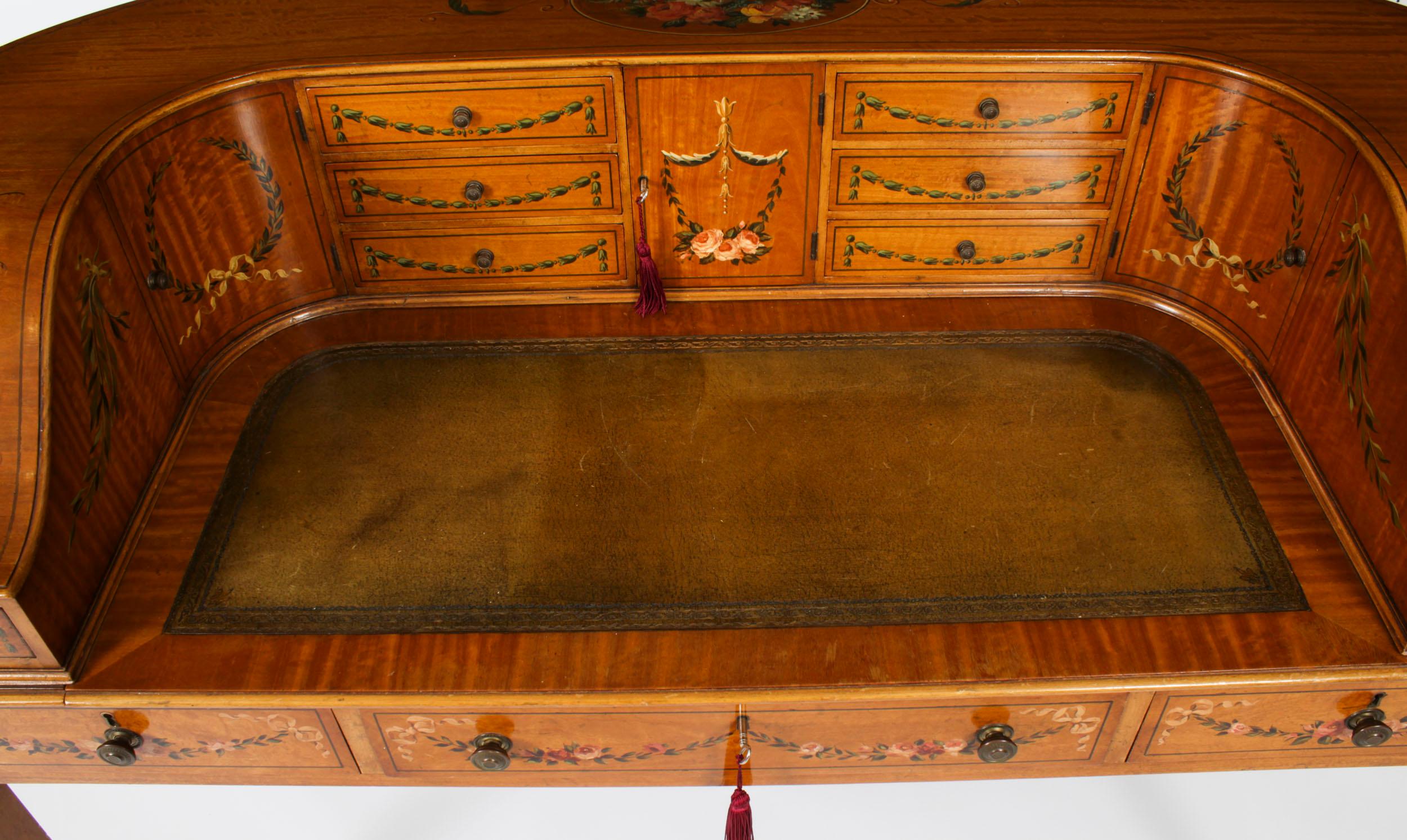 Antiguo escritorio eduardiano de madera satinada y pintura floral Carlton House Eduardiano en venta