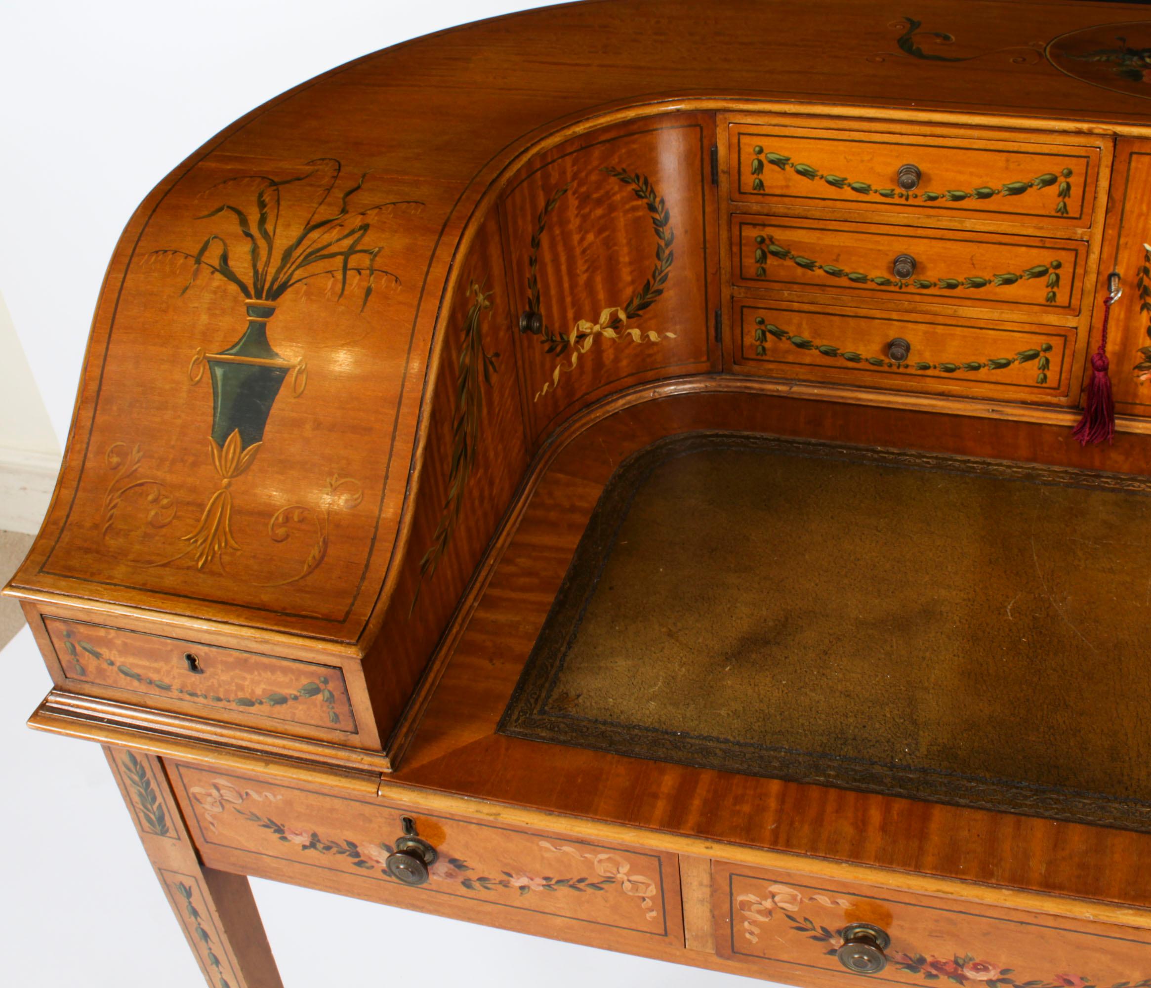 Antiguo escritorio eduardiano de madera satinada y pintura floral Carlton House en Bueno estado para la venta en London, GB