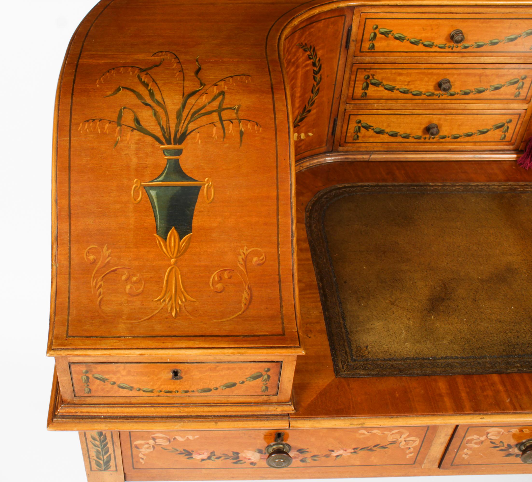 Antiguo escritorio eduardiano de madera satinada y pintura floral Carlton House principios del siglo XX en venta