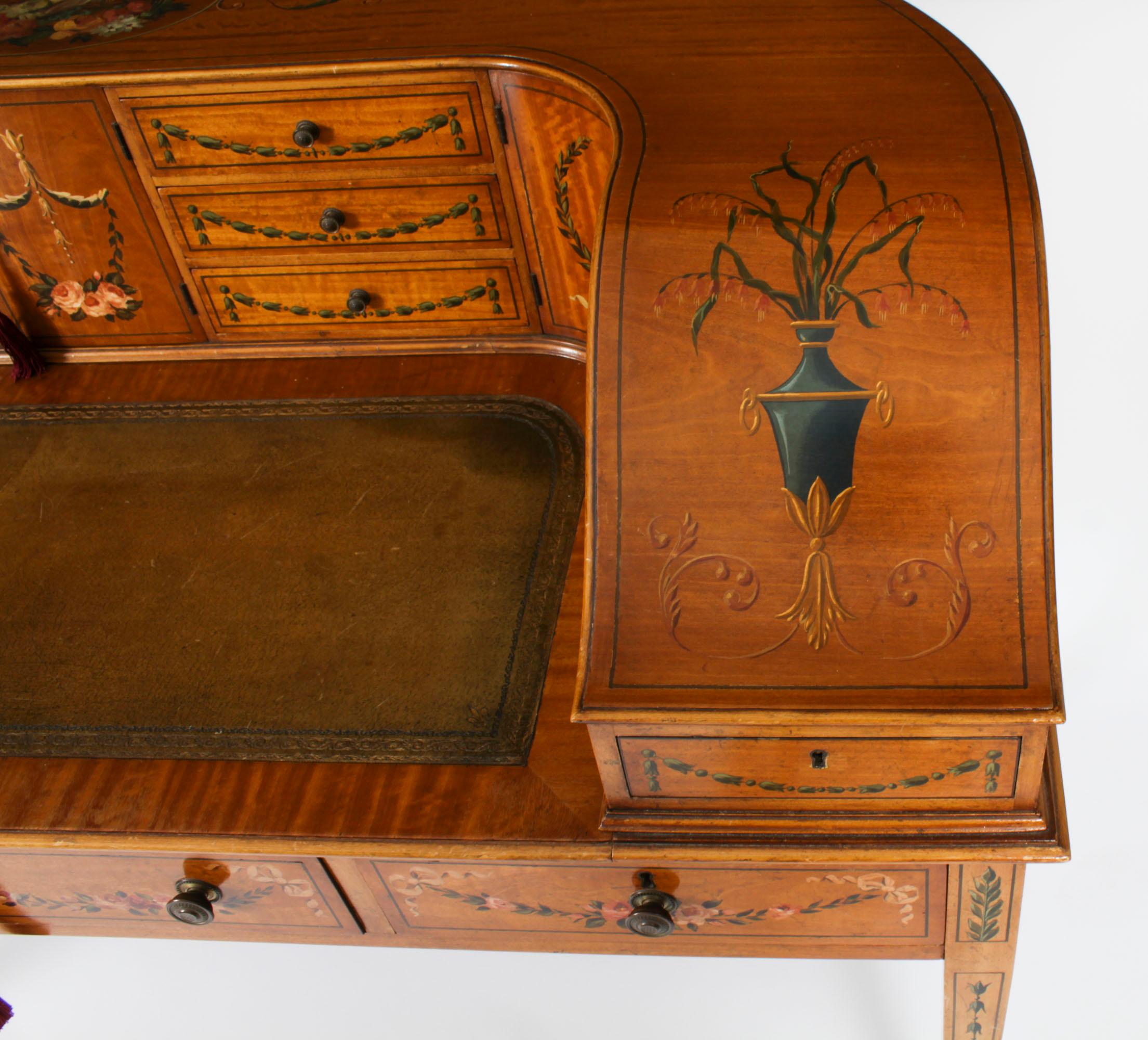 Antiguo escritorio eduardiano de madera satinada y pintura floral Carlton House en venta 1