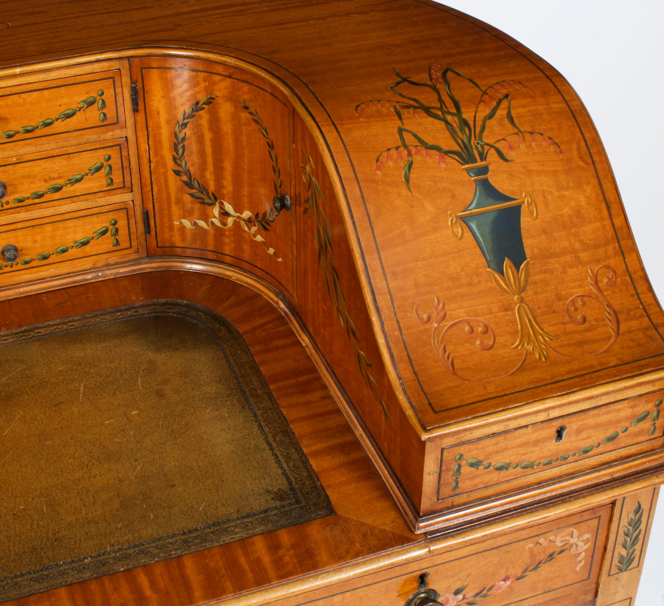 Antiguo escritorio eduardiano de madera satinada y pintura floral Carlton House en venta 2