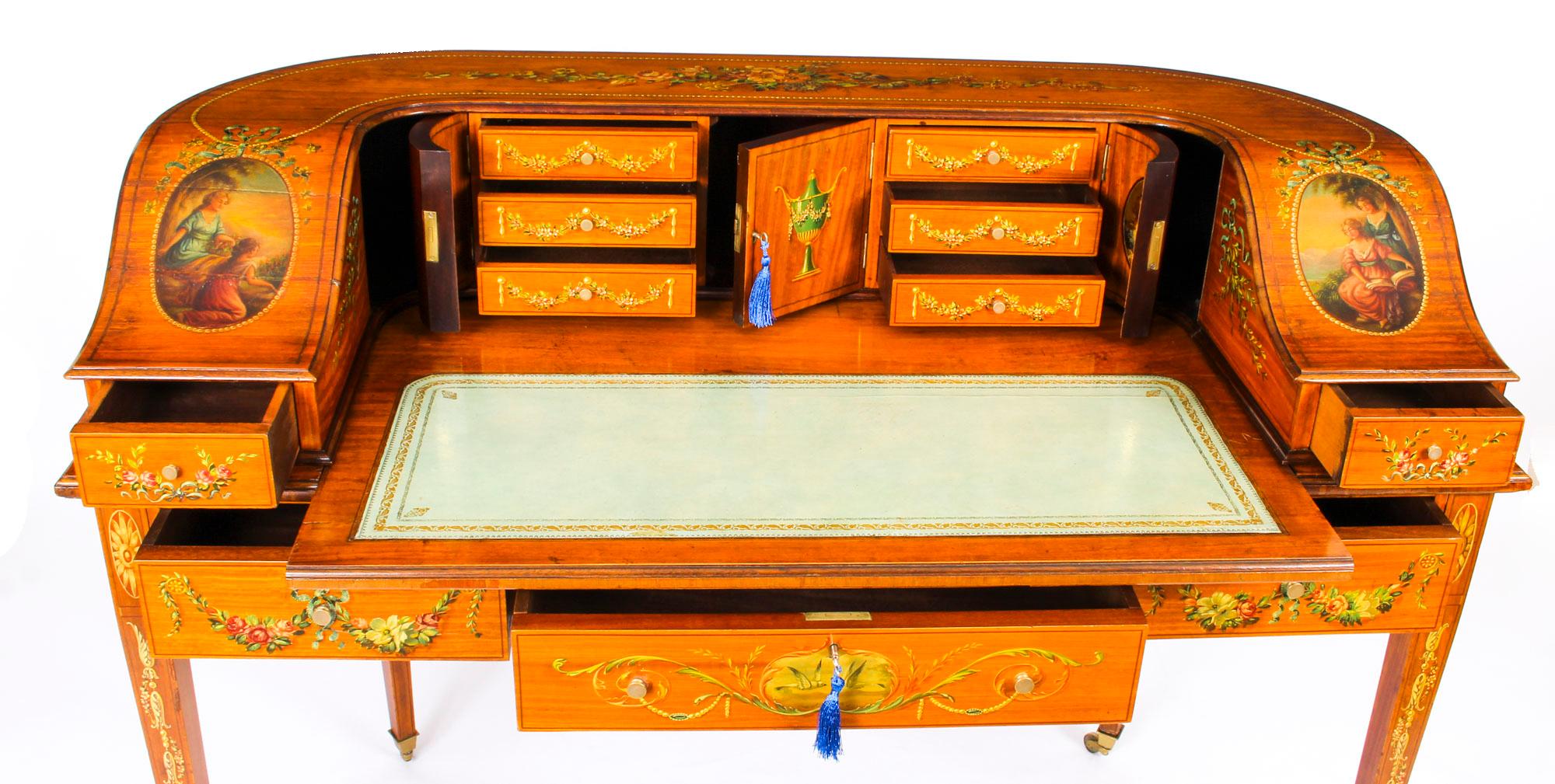 Antique Edwardian Satinwood and Floral Painted Carlton House Writing Desk, 1900 5