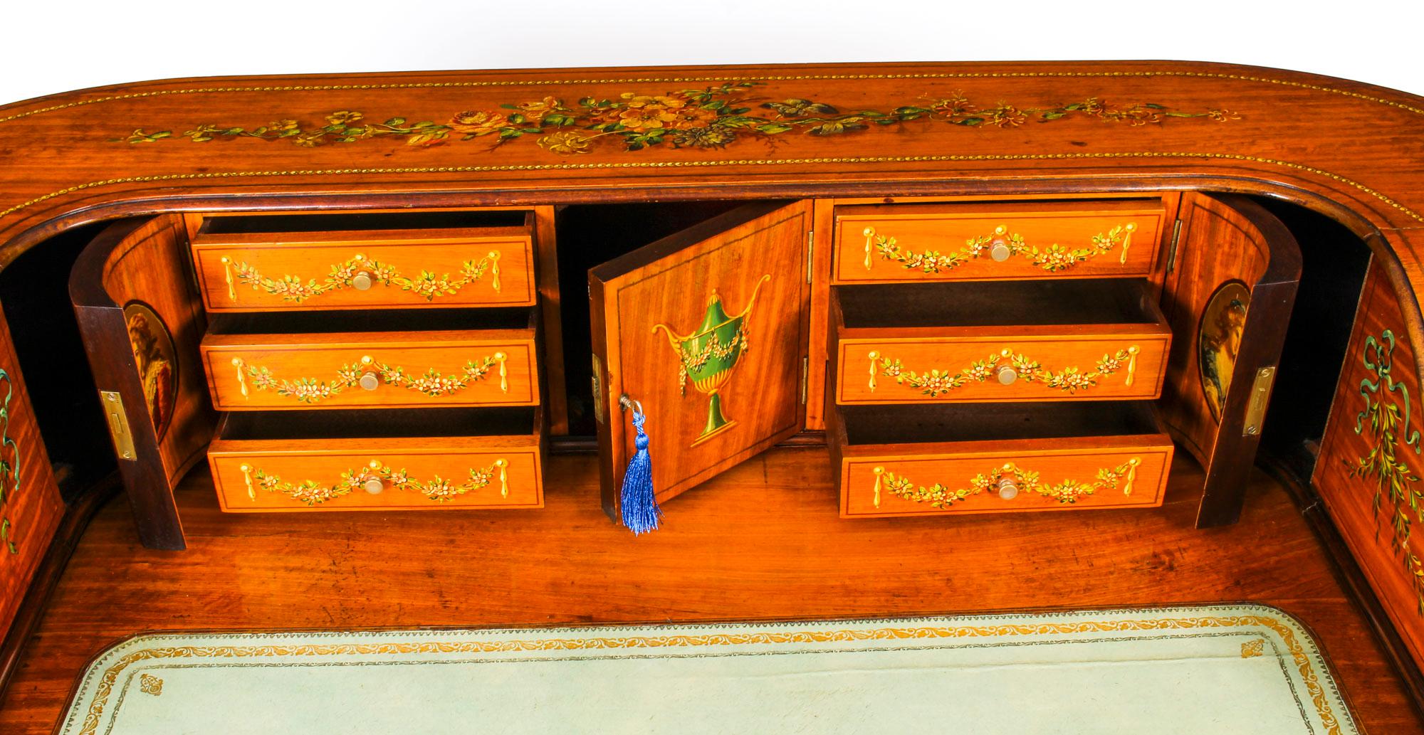 Antique Edwardian Satinwood and Floral Painted Carlton House Writing Desk, 1900 10