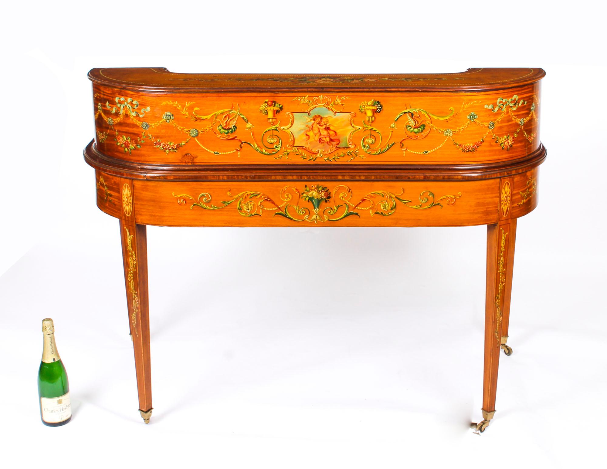 Antique Edwardian Satinwood and Floral Painted Carlton House Writing Desk, 1900 13