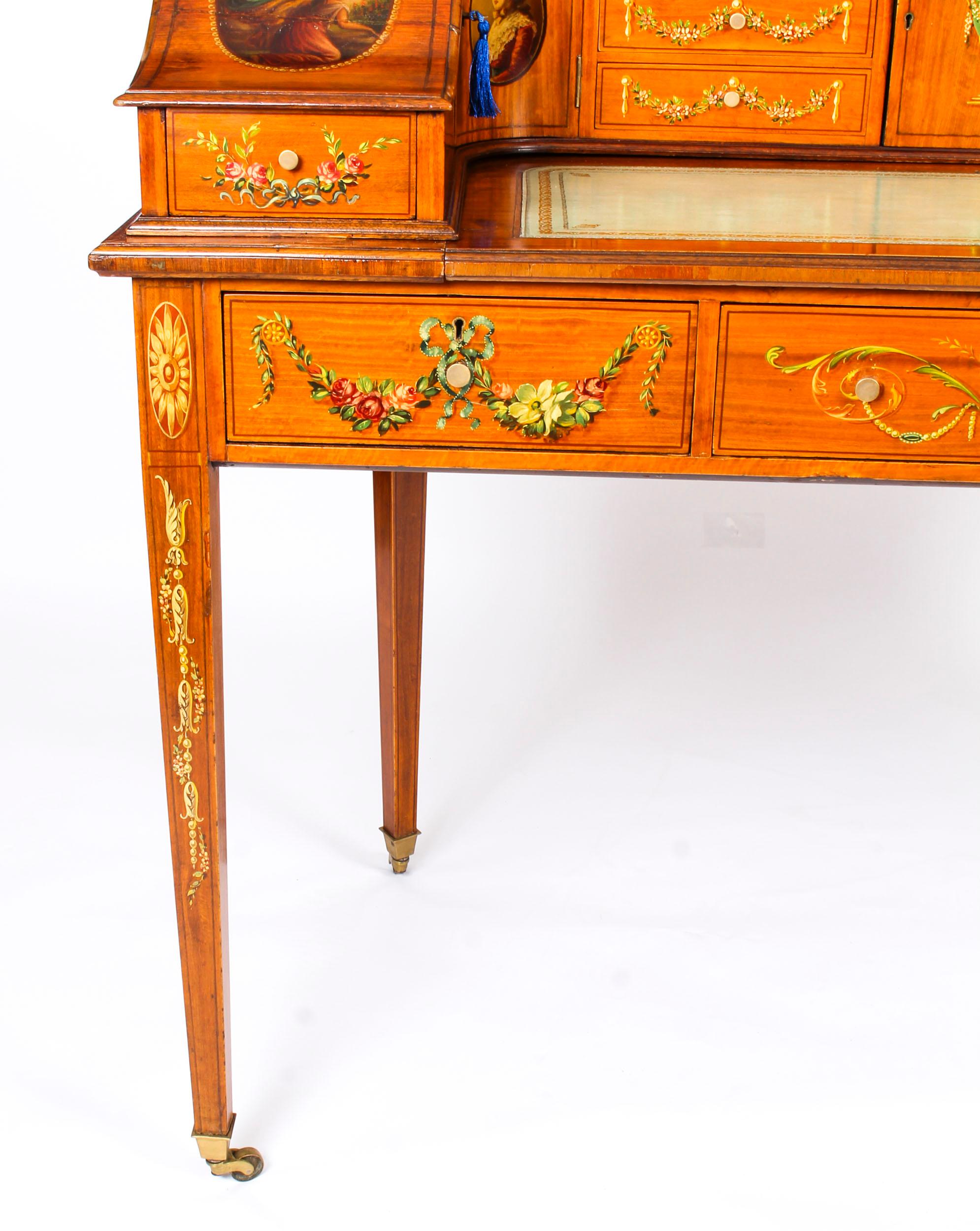 English Antique Edwardian Satinwood and Floral Painted Carlton House Writing Desk, 1900