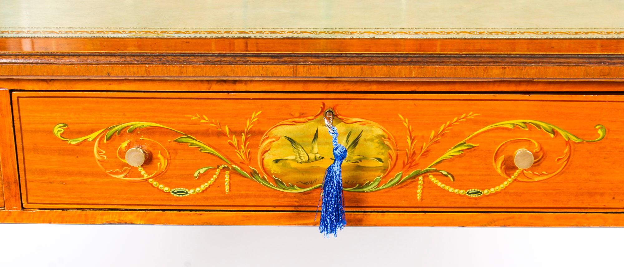 Hand-Painted Antique Edwardian Satinwood and Floral Painted Carlton House Writing Desk, 1900