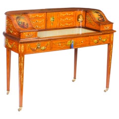 Antique Edwardian Satinwood and Floral Painted Carlton House Writing Desk, 1900