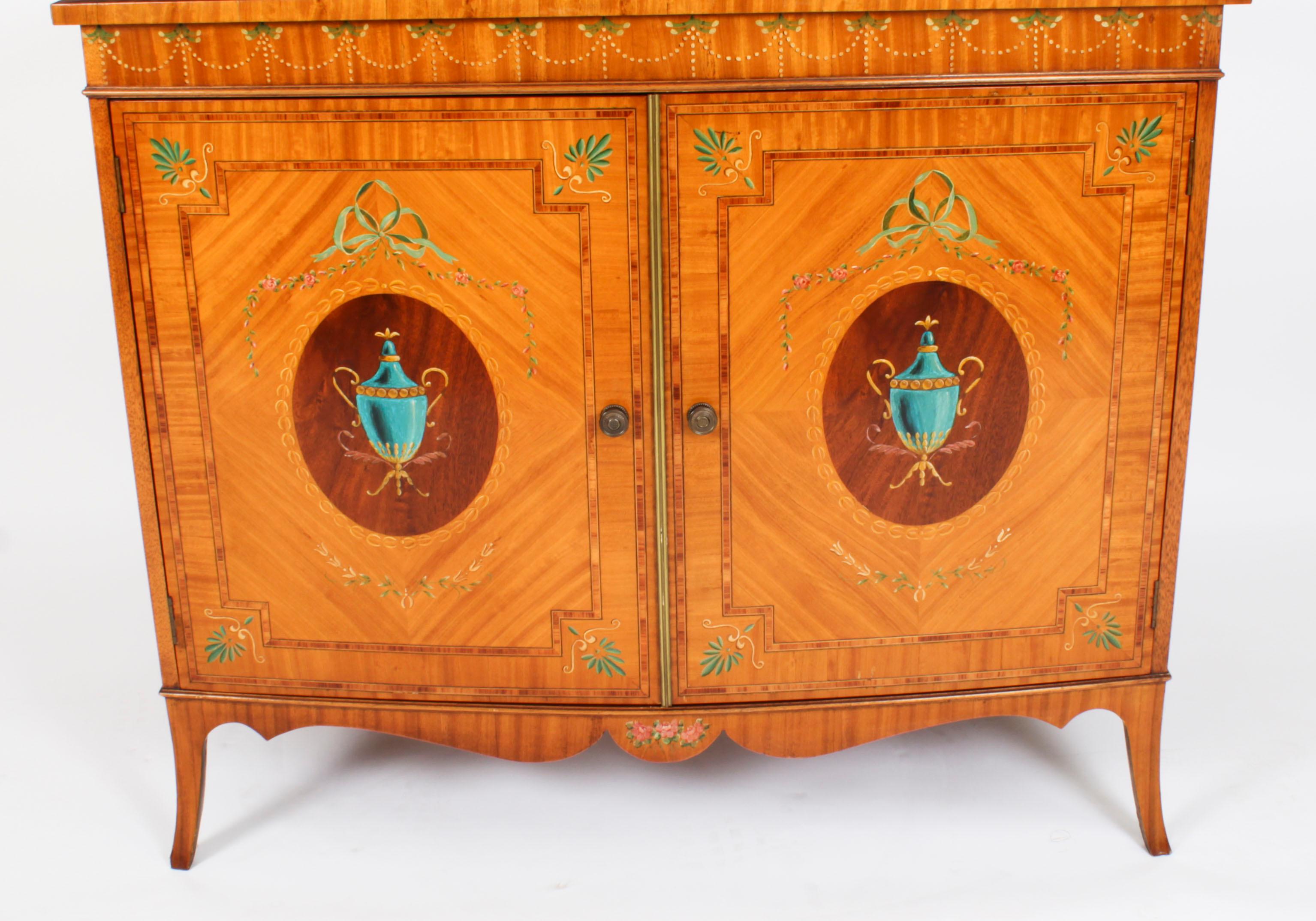 English Antique Edwardian Satinwood Hand-Painted Bowfront Side Cabinet, 19th Century
